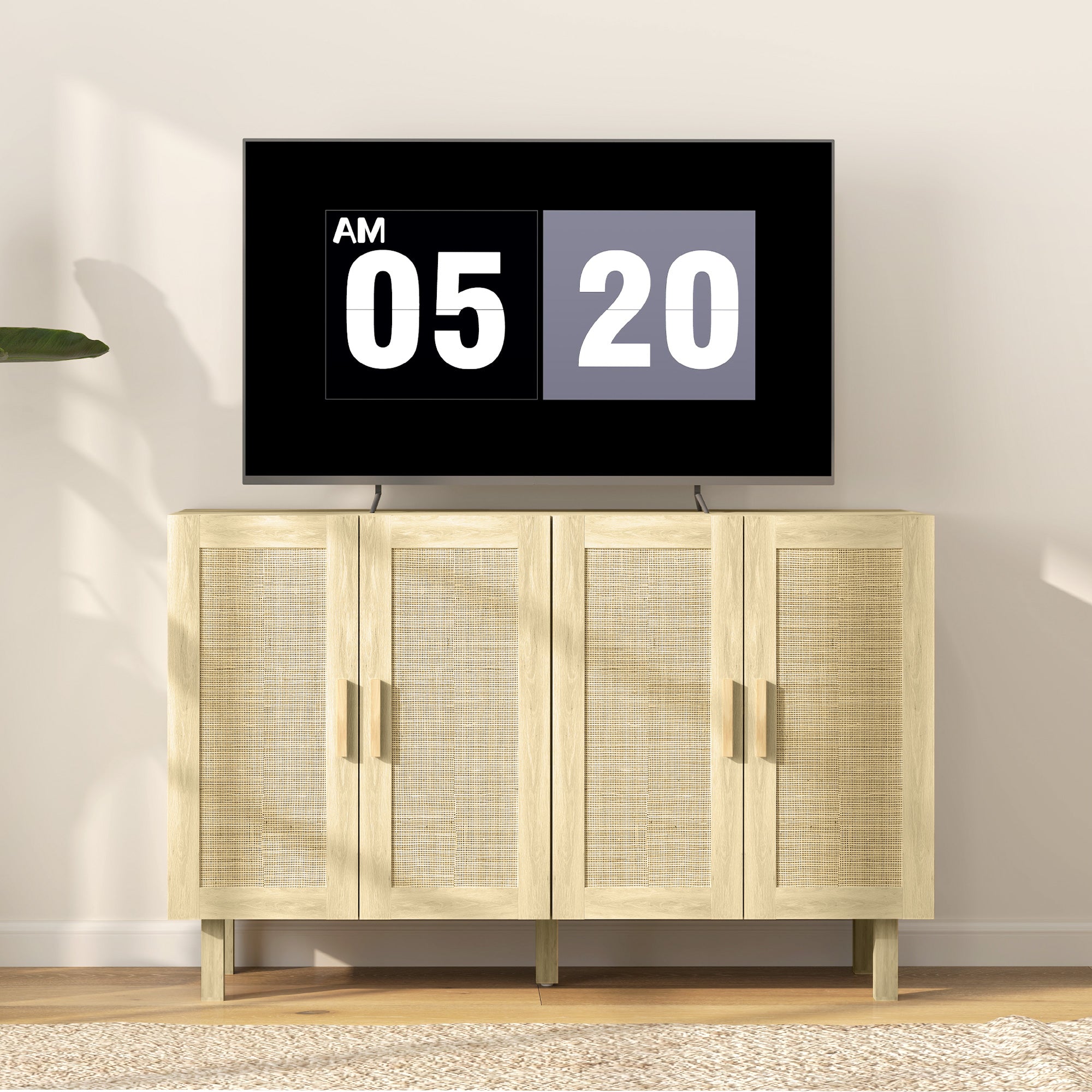HOMCOM Sideboard Buffet Cabinet, Coffee Bar Cabinet with 4 Rattan Doors and Adjustable Shelves for Kitchen, Living Room, Natural