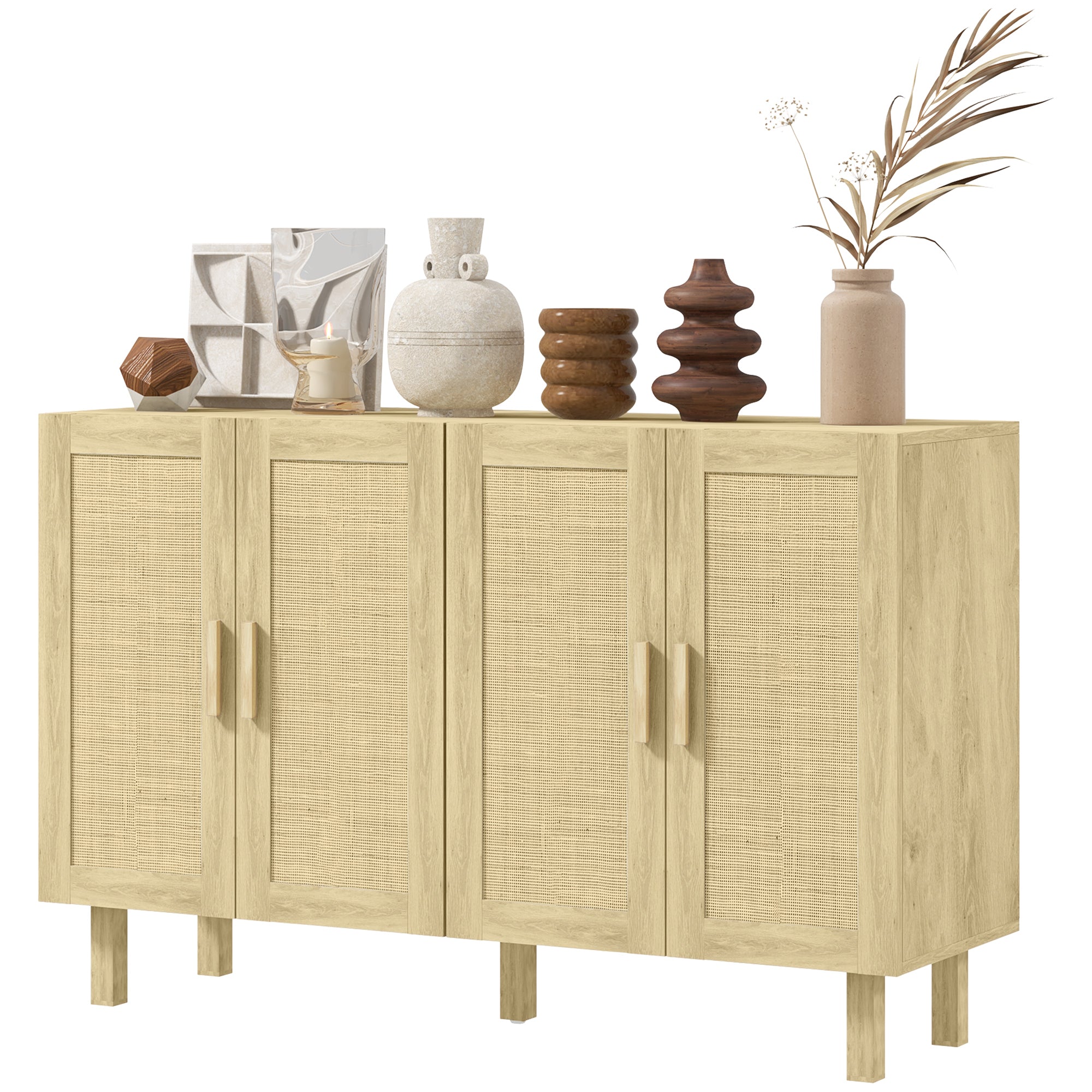 HOMCOM Sideboard Buffet Cabinet, Coffee Bar Cabinet with 4 Rattan Doors and Adjustable Shelves for Kitchen, Living Room, Natural