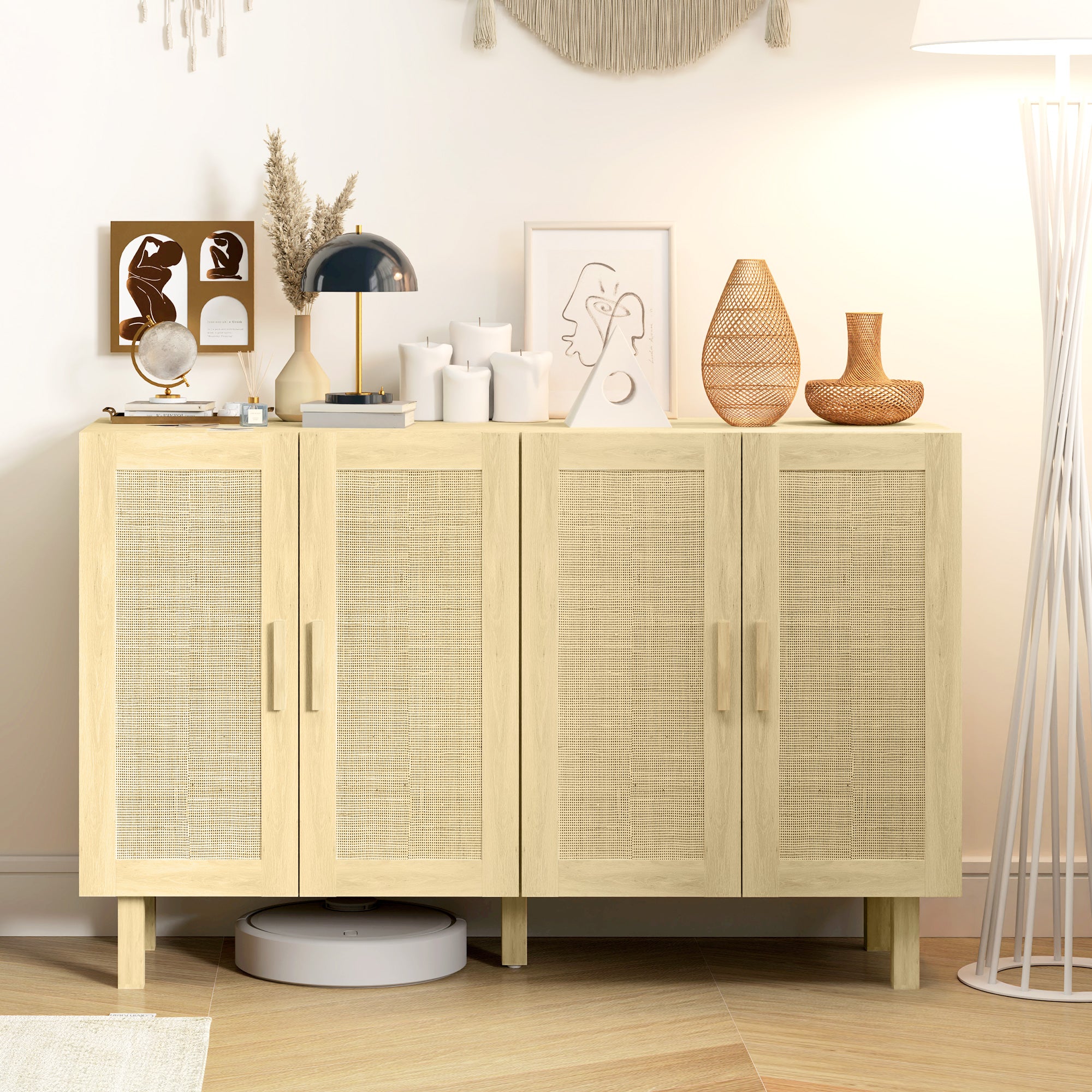 HOMCOM Sideboard Buffet Cabinet, Coffee Bar Cabinet with 4 Rattan Doors and Adjustable Shelves for Kitchen, Living Room, Natural