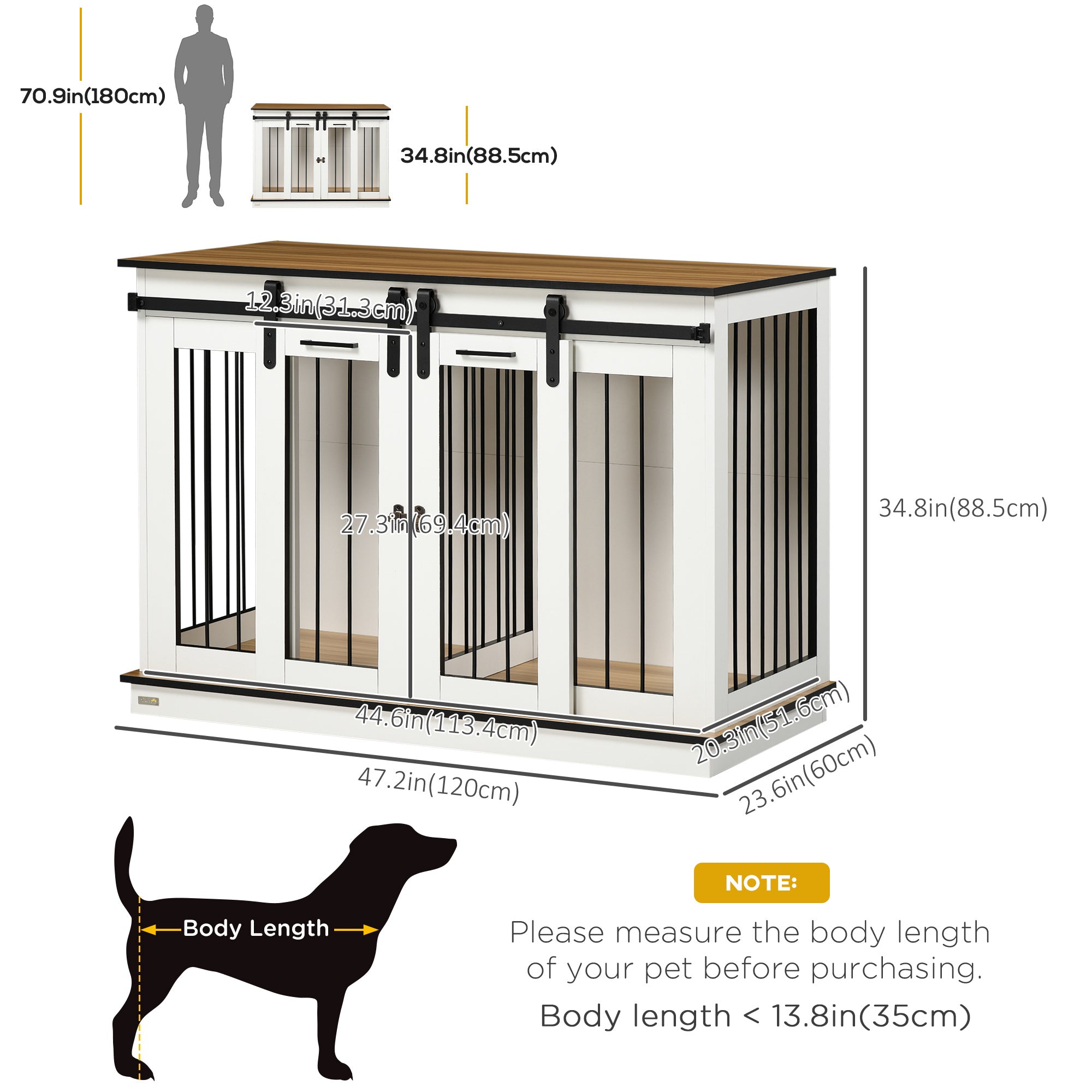 PawHut 47in Dog Crate Furniture with Divider Panel, Wooden Dog Kennel TV Stand for Large Dogs, Pet House Side Table for 2 Small Dogs with Two Rooms Design, 2 Sliding Doors, White
