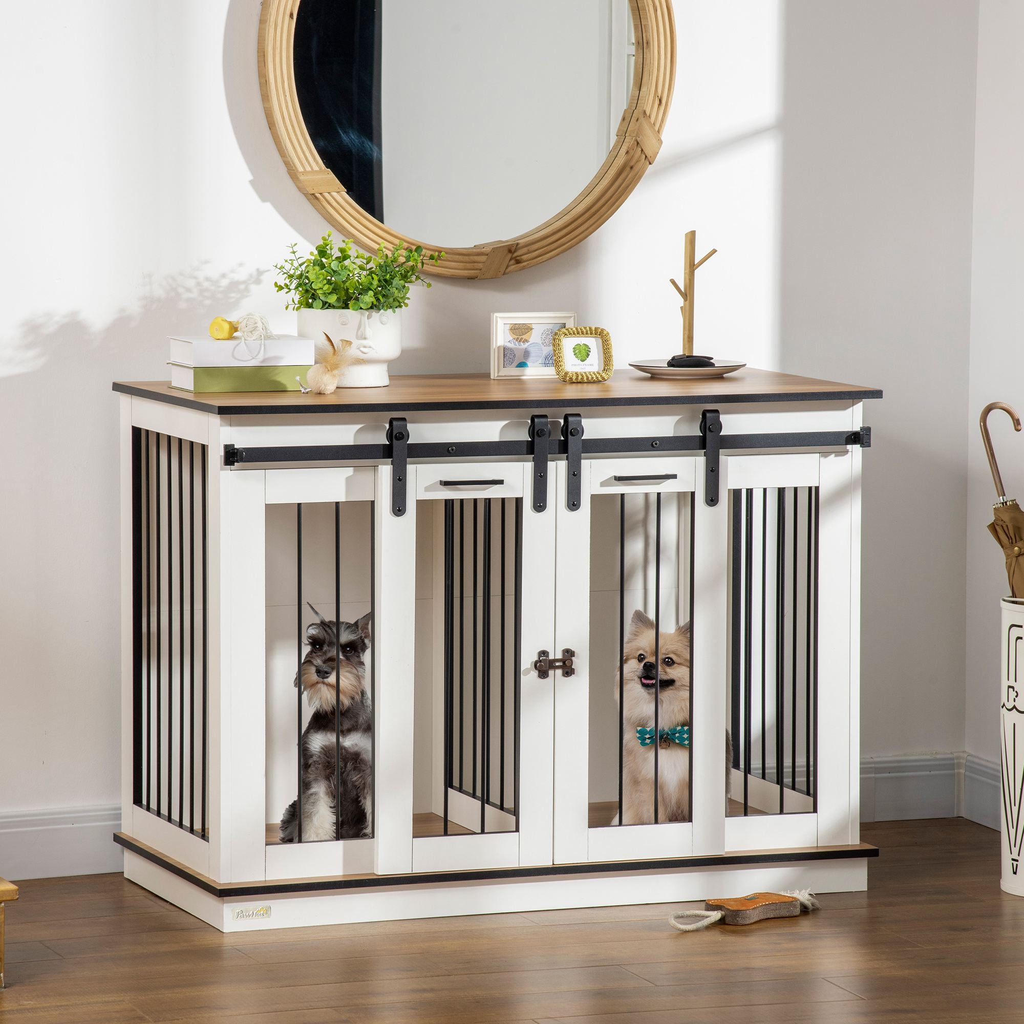PawHut 47in Dog Crate Furniture with Divider Panel, Wooden Dog Kennel TV Stand for Large Dogs, Pet House Side Table for 2 Small Dogs with Two Rooms Design, 2 Sliding Doors, White
