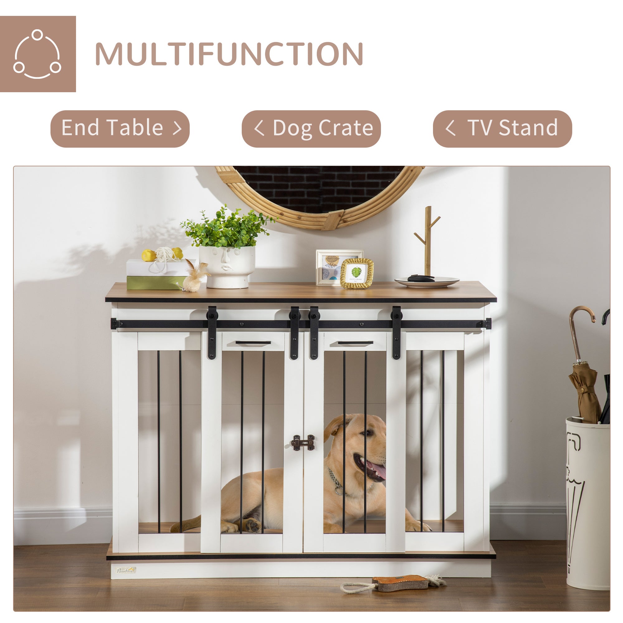 PawHut 47in Dog Crate Furniture with Divider Panel, Wooden Dog Kennel TV Stand for Large Dogs, Pet House Side Table for 2 Small Dogs with Two Rooms Design, 2 Sliding Doors, White
