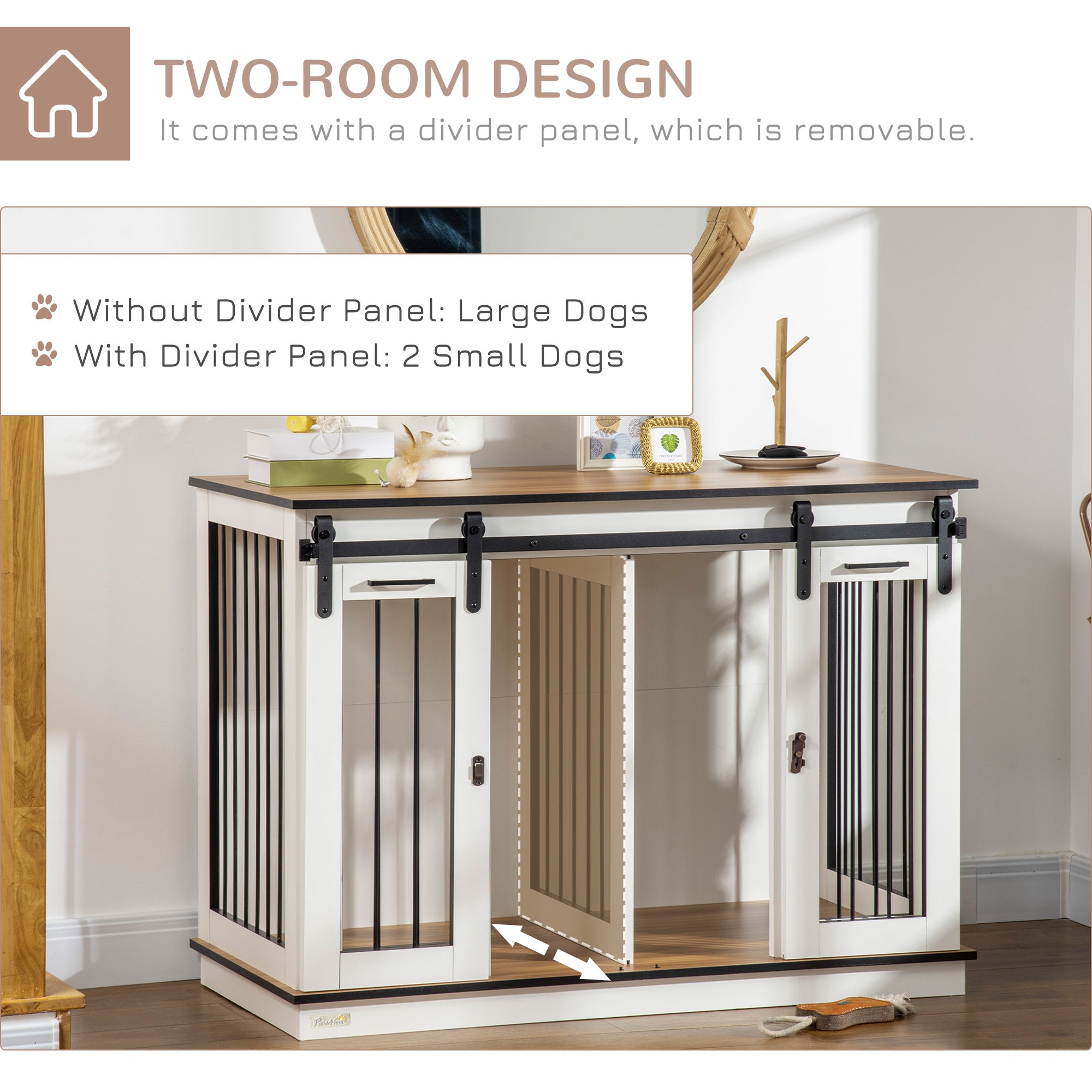 PawHut 47in Dog Crate Furniture with Divider Panel, Wooden Dog Kennel TV Stand for Large Dogs, Pet House Side Table for 2 Small Dogs with Two Rooms Design, 2 Sliding Doors, White