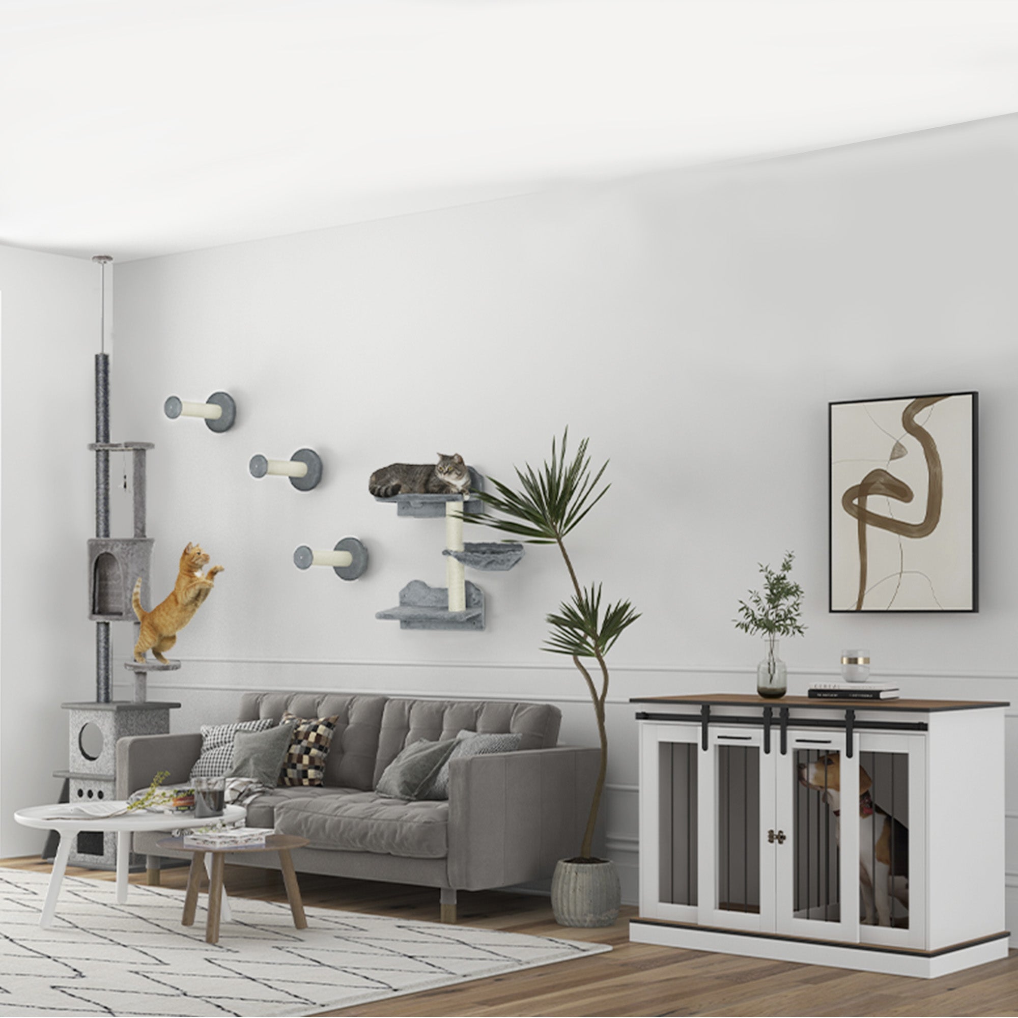 PawHut 47in Dog Crate Furniture with Divider Panel, Wooden Dog Kennel TV Stand for Large Dogs, Pet House Side Table for 2 Small Dogs with Two Rooms Design, 2 Sliding Doors, White