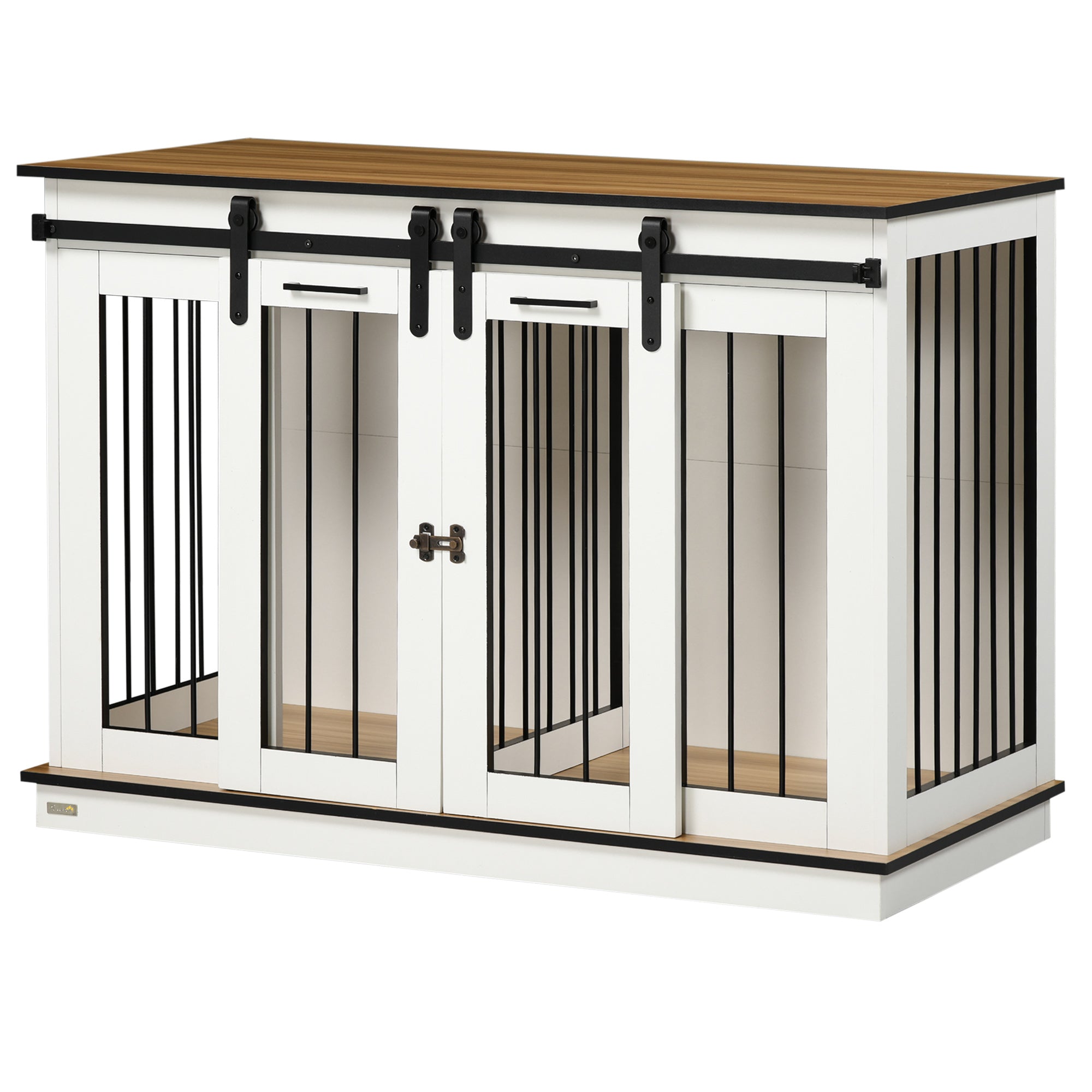 PawHut 47in Dog Crate Furniture with Divider Panel, Wooden Dog Kennel TV Stand for Large Dogs, Pet House Side Table for 2 Small Dogs with Two Rooms Design, 2 Sliding Doors, White