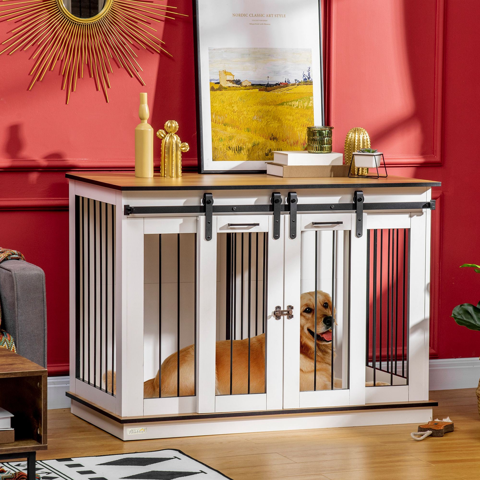PawHut 47in Dog Crate Furniture with Divider Panel, Wooden Dog Kennel TV Stand for Large Dogs, Pet House Side Table for 2 Small Dogs with Two Rooms Design, 2 Sliding Doors, White