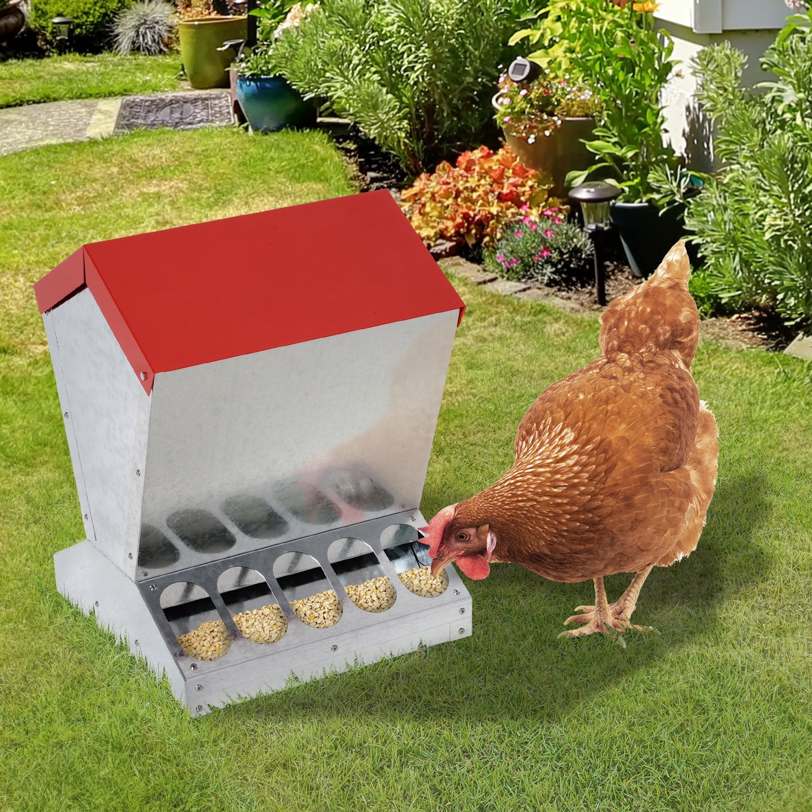 PawHut Automatic Chicken and Poultry No-Waste Feeder with Protective Lid for up to 10 Chickens, Holds 25lbs of Feed