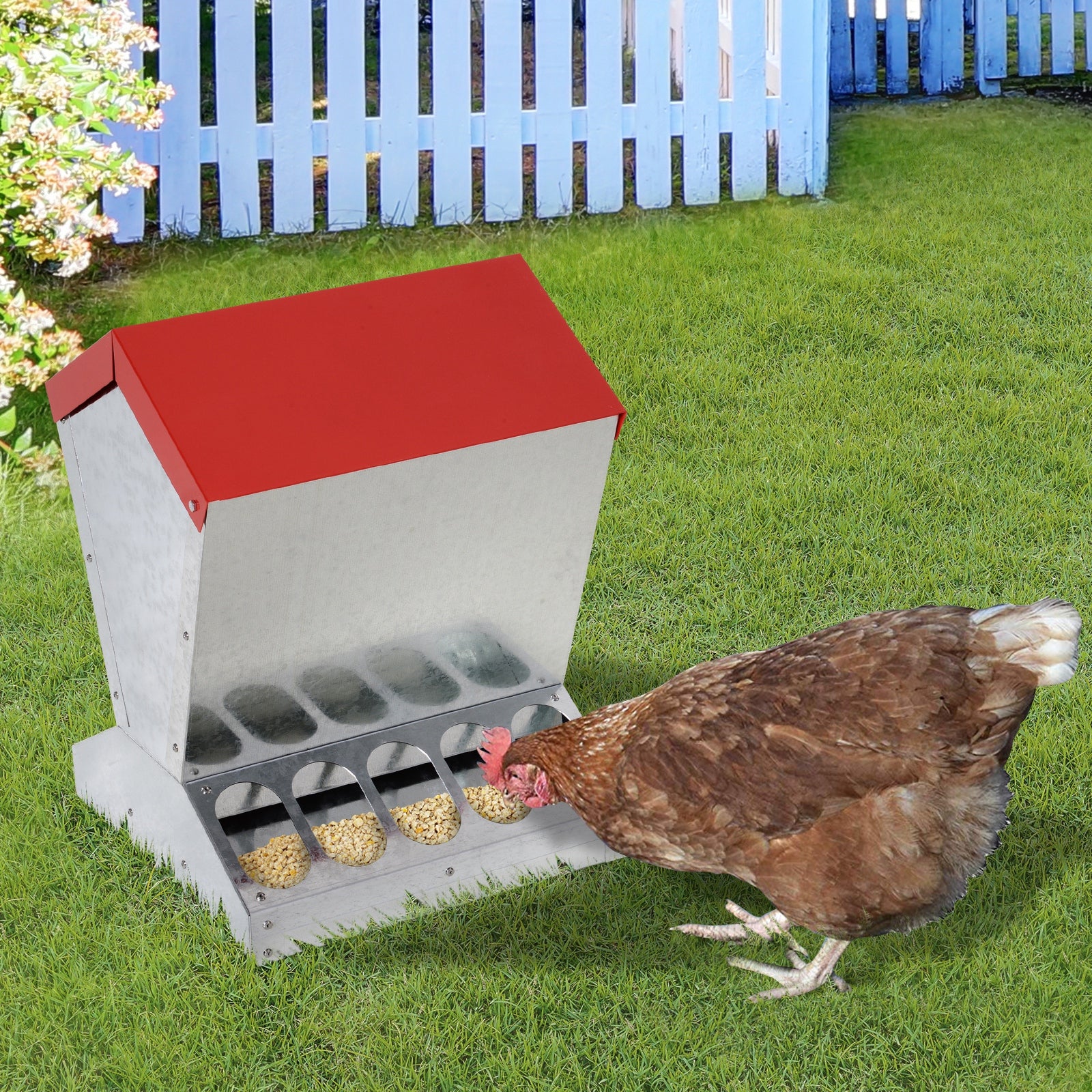 PawHut Automatic Chicken and Poultry No-Waste Feeder with Protective Lid for up to 10 Chickens, Holds 25lbs of Feed