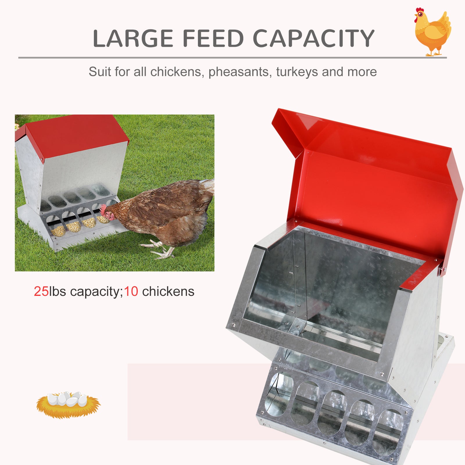 PawHut Automatic Chicken and Poultry No-Waste Feeder with Protective Lid for up to 10 Chickens, Holds 25lbs of Feed