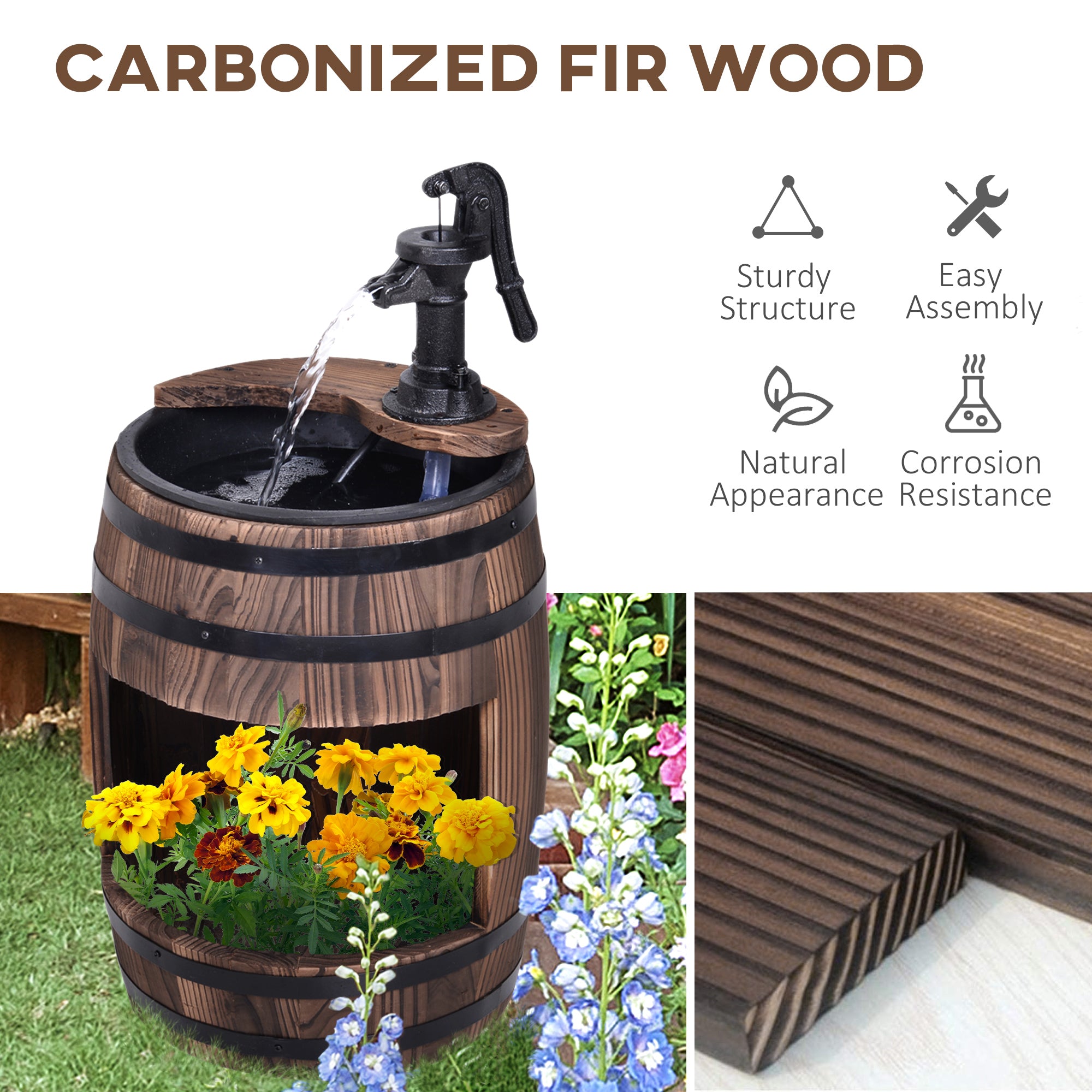 Outsunny 23" Tall Wooden Outdoor Fountain, 2 Tiers Electrical Apple Barrel Waterfall with UL Certified 3600r/min Speed Pump, Rustic Garden Decor for Patio, Backyard, Carbonized