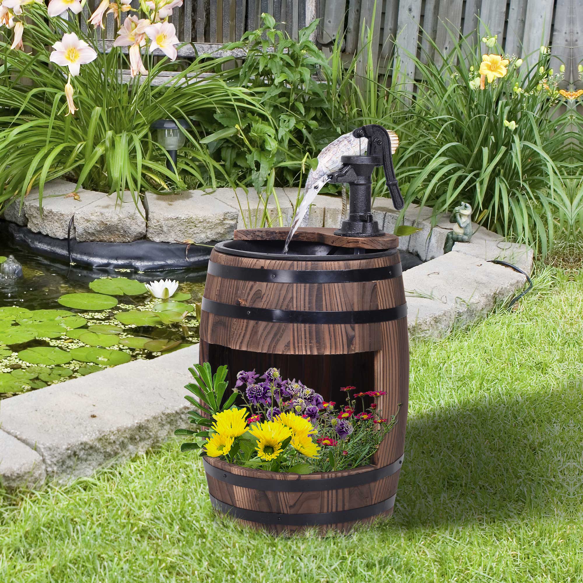 Outsunny 23" Tall Wooden Outdoor Fountain, 2 Tiers Electrical Apple Barrel Waterfall with UL Certified 3600r/min Speed Pump, Rustic Garden Decor for Patio, Backyard, Carbonized