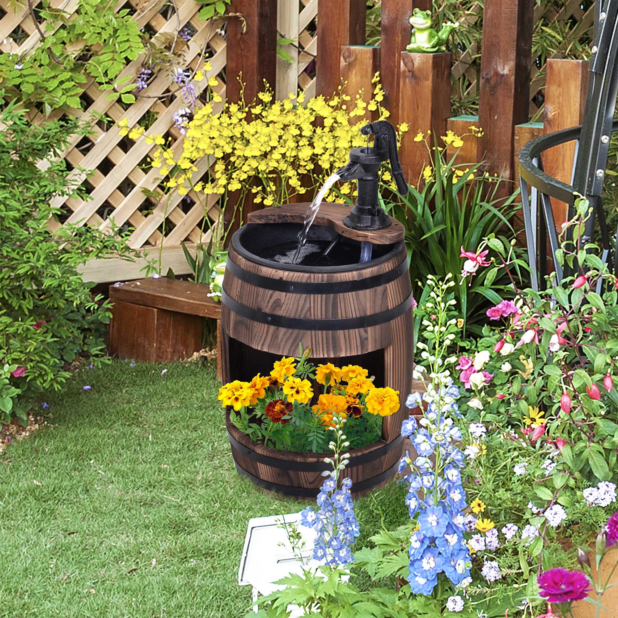 Outsunny 23" Tall Wooden Outdoor Fountain, 2 Tiers Electrical Apple Barrel Waterfall with UL Certified 3600r/min Speed Pump, Rustic Garden Decor for Patio, Backyard, Carbonized