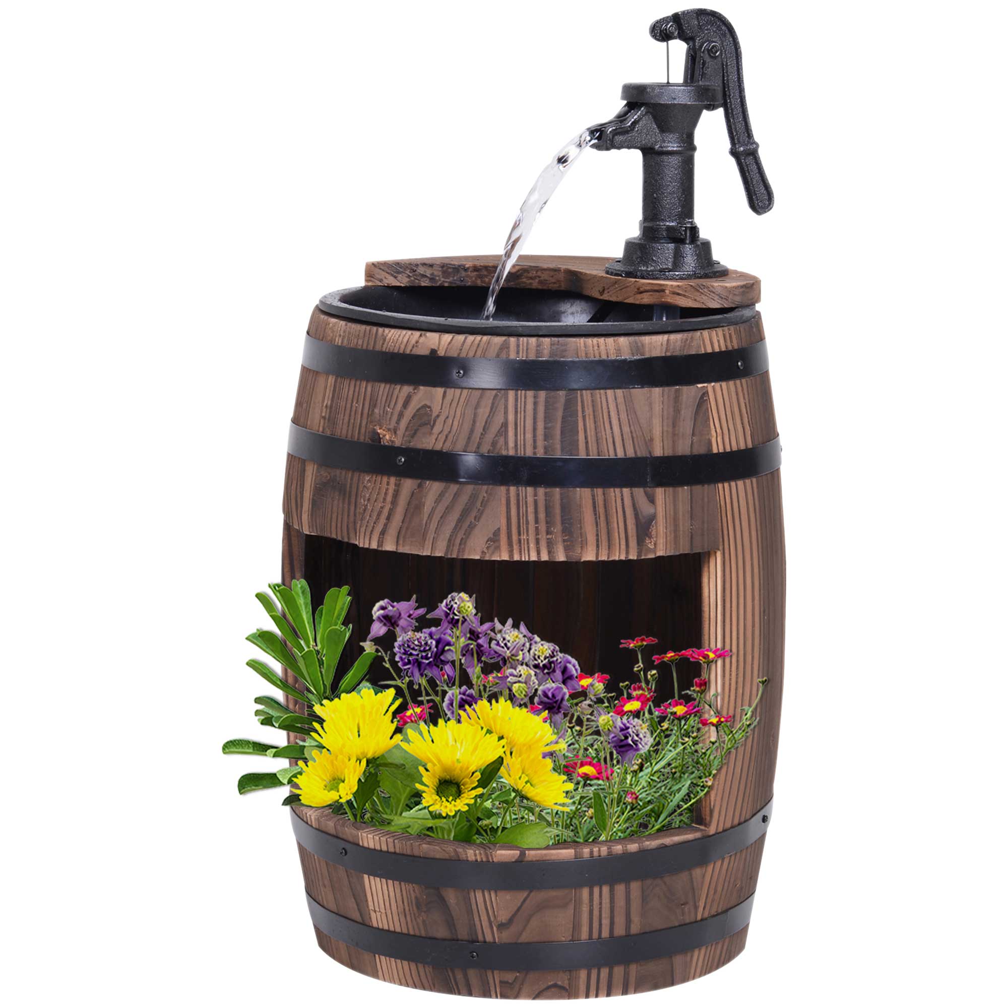 Outsunny 23" Tall Wooden Outdoor Fountain, 2 Tiers Electrical Apple Barrel Waterfall with UL Certified 3600r/min Speed Pump, Rustic Garden Decor for Patio, Backyard, Carbonized