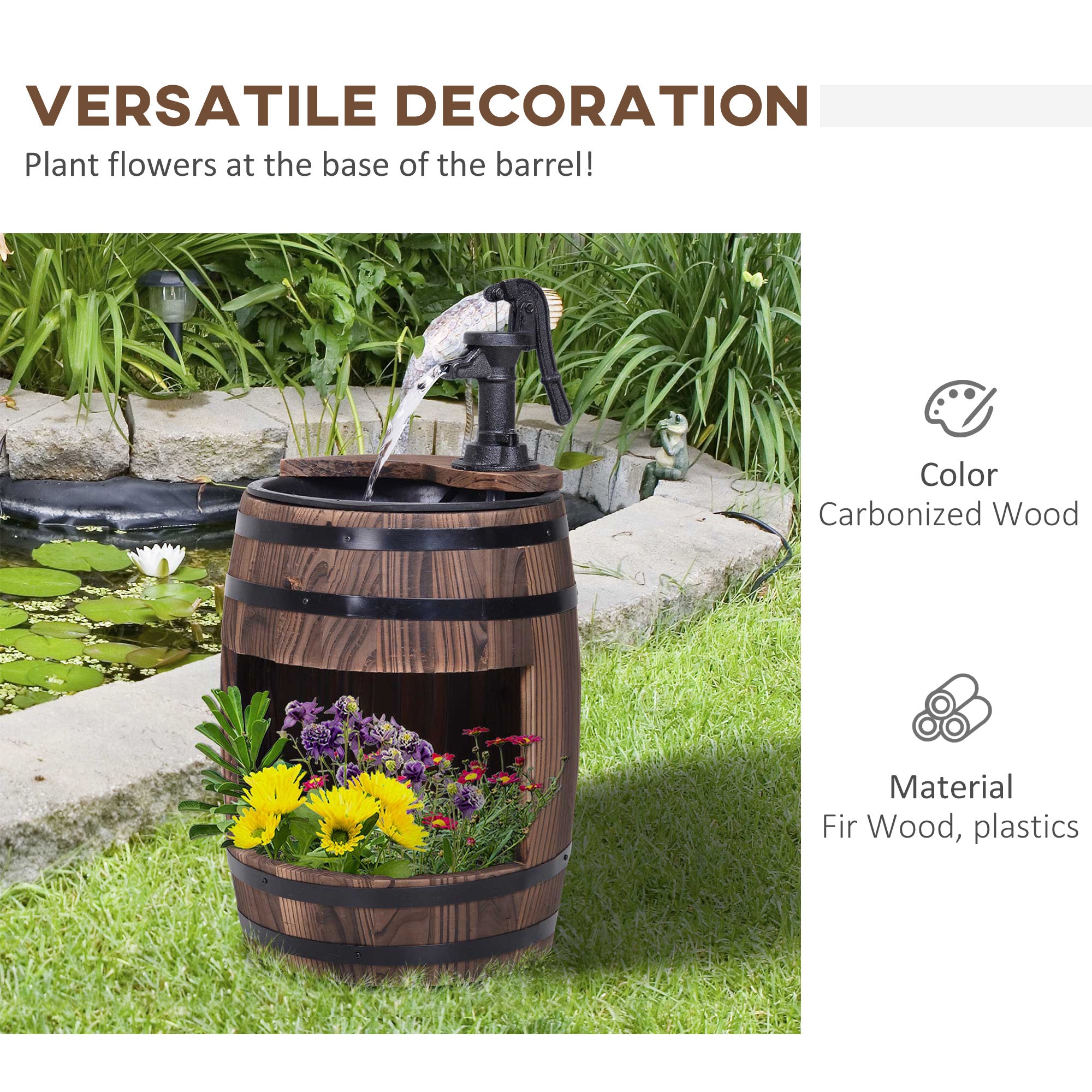 Outsunny 23" Tall Wooden Outdoor Fountain, 2 Tiers Electrical Apple Barrel Waterfall with UL Certified 3600r/min Speed Pump, Rustic Garden Decor for Patio, Backyard, Carbonized