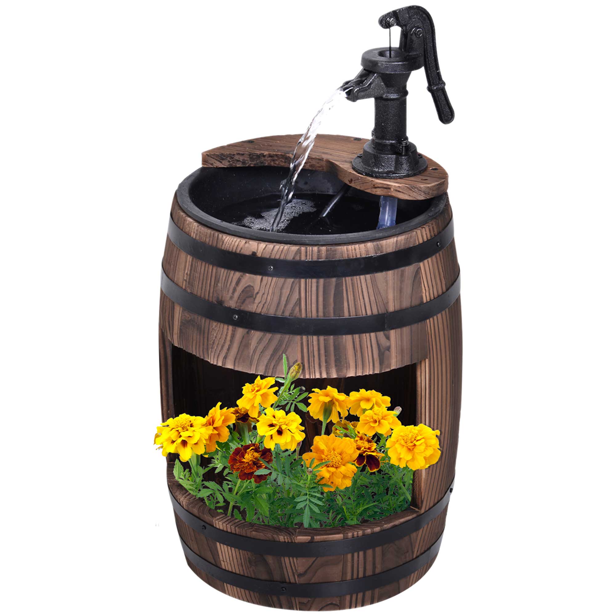 Outsunny 23" Tall Wooden Outdoor Fountain, 2 Tiers Electrical Apple Barrel Waterfall with UL Certified 3600r/min Speed Pump, Rustic Garden Decor for Patio, Backyard, Carbonized