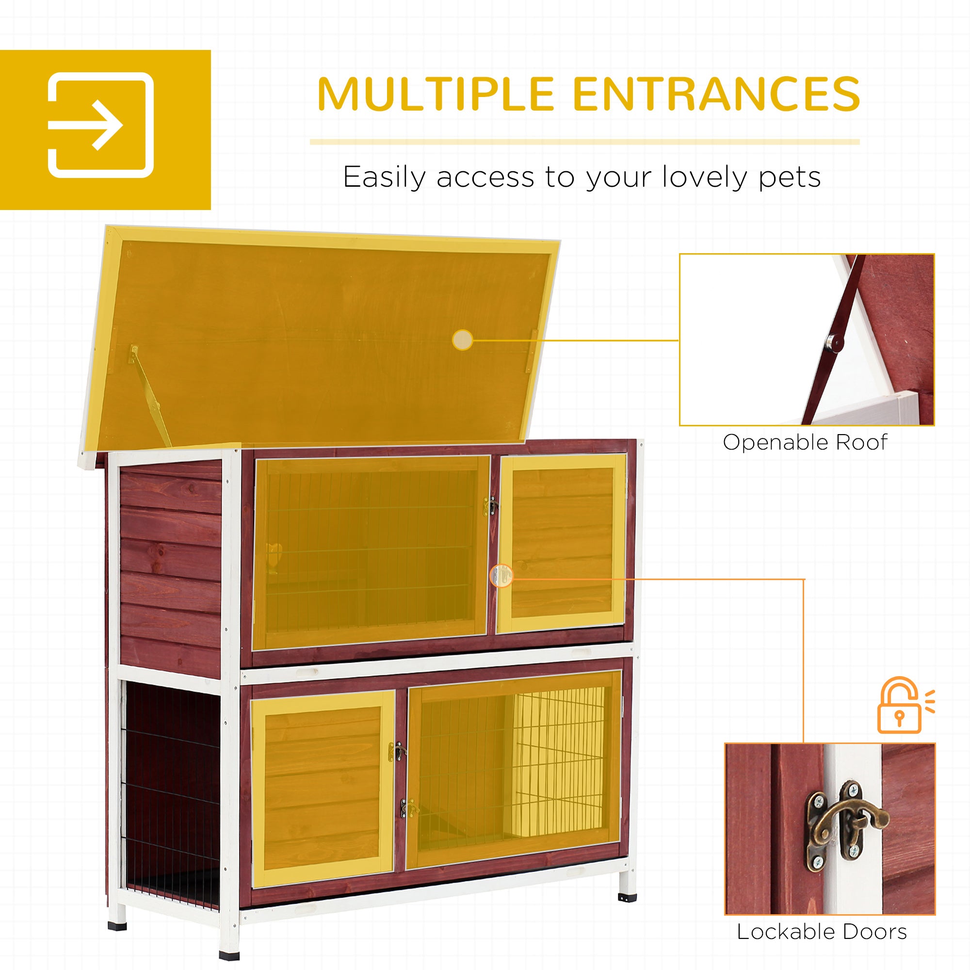 PawHut 48" 2 Story Wooden Rabbit Hutch Elevated Bunny Cage Small Animal Home Habitat  w/ Ramp, 2 Slide Out Tray, Openable Roof, Multiple doors