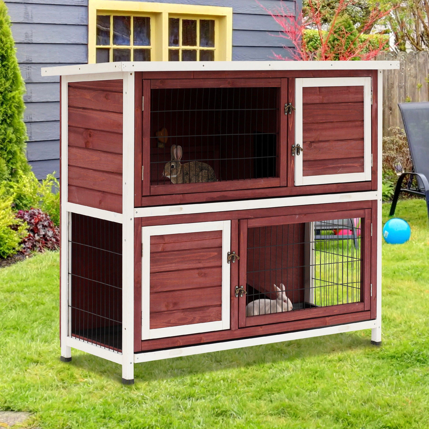 PawHut 48" 2-Story Wooden Rabbit Hutch Elevated Bunny Cage Small Animal Habitat Guinea Pig House with Ramp, No Leak Tray and Weatherproof & Openable Top, Outdoor/Indoor