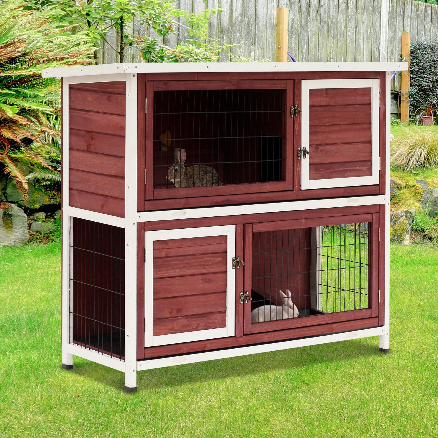 PawHut 48" 2 Story Wooden Rabbit Hutch Elevated Bunny Cage Small Animal Home Habitat  w/ Ramp, 2 Slide Out Tray, Openable Roof, Multiple doors