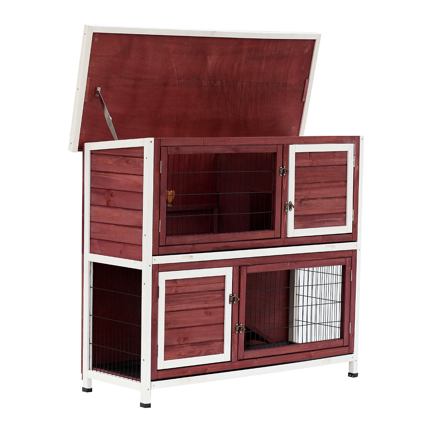 PawHut 48" 2-Story Wooden Rabbit Hutch Elevated Bunny Cage Small Animal Habitat Guinea Pig House with Ramp, No Leak Tray and Weatherproof & Openable Top, Outdoor/Indoor
