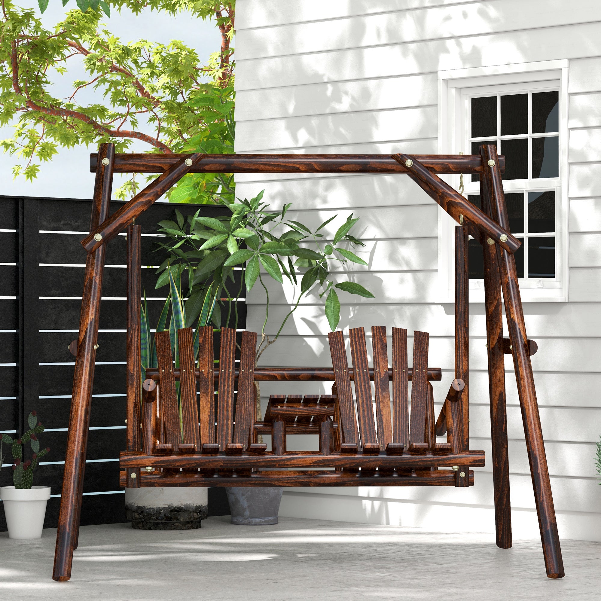 Outsunny Wooden 2-Seat  A-Frame Porch Swing Rustic Patio Bench Outdoor Furniture  w/ Table