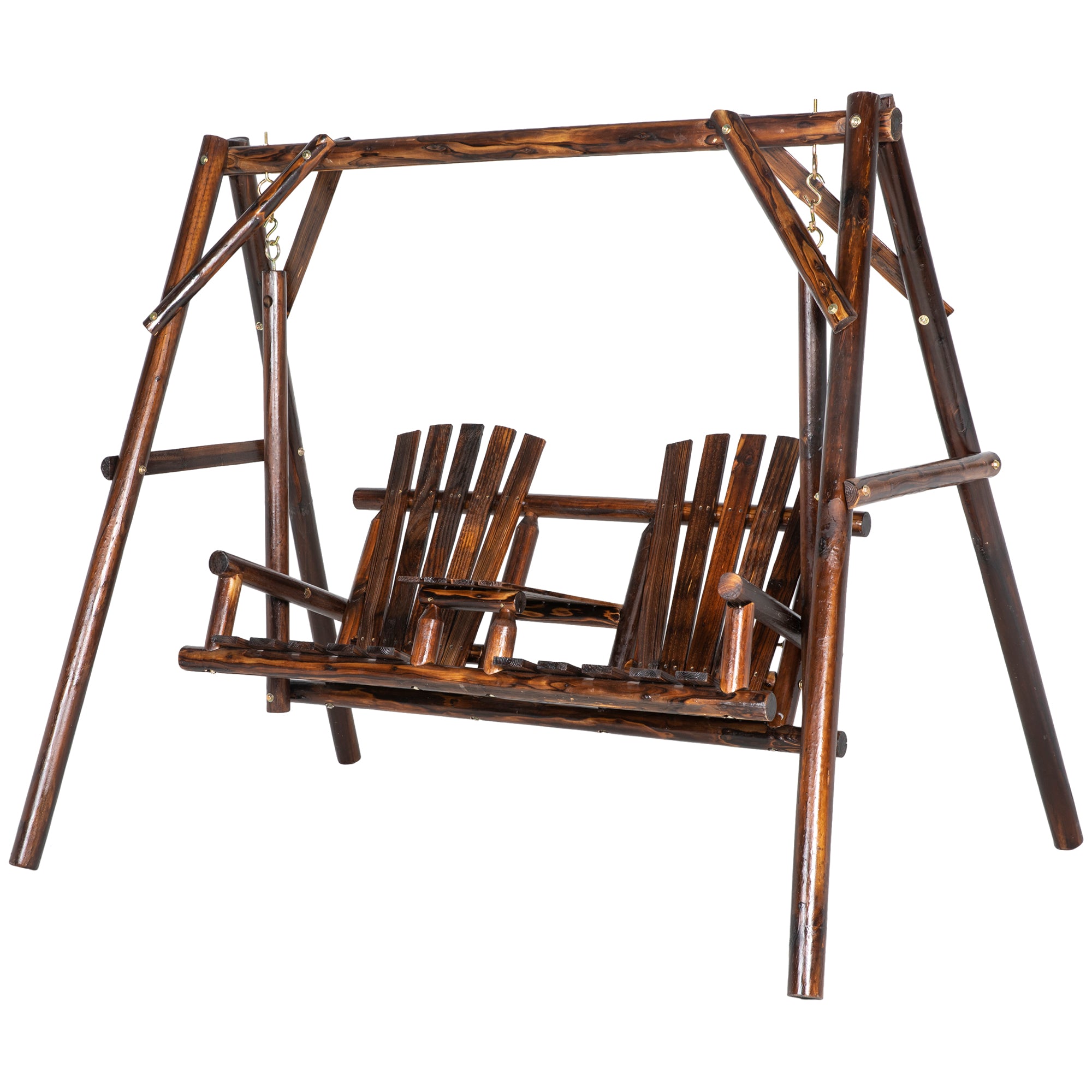 Outsunny Wooden 2-Seat  A-Frame Porch Swing Rustic Patio Bench Outdoor Furniture  w/ Table