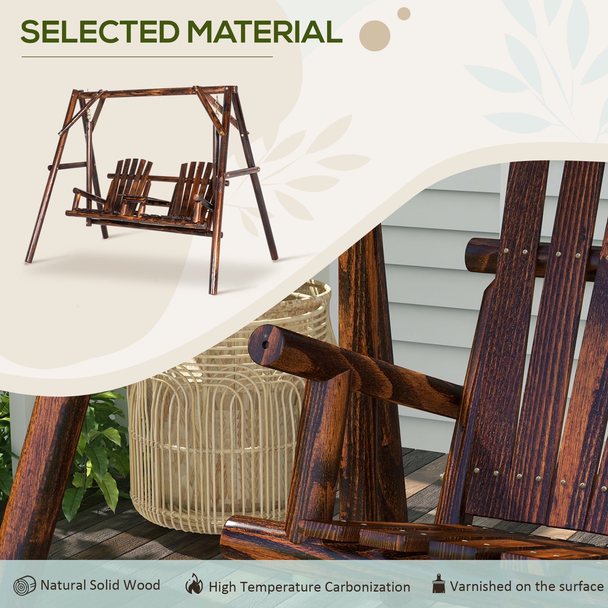 Outsunny Wooden 2-Seat  A-Frame Porch Swing Rustic Patio Bench Outdoor Furniture  w/ Table