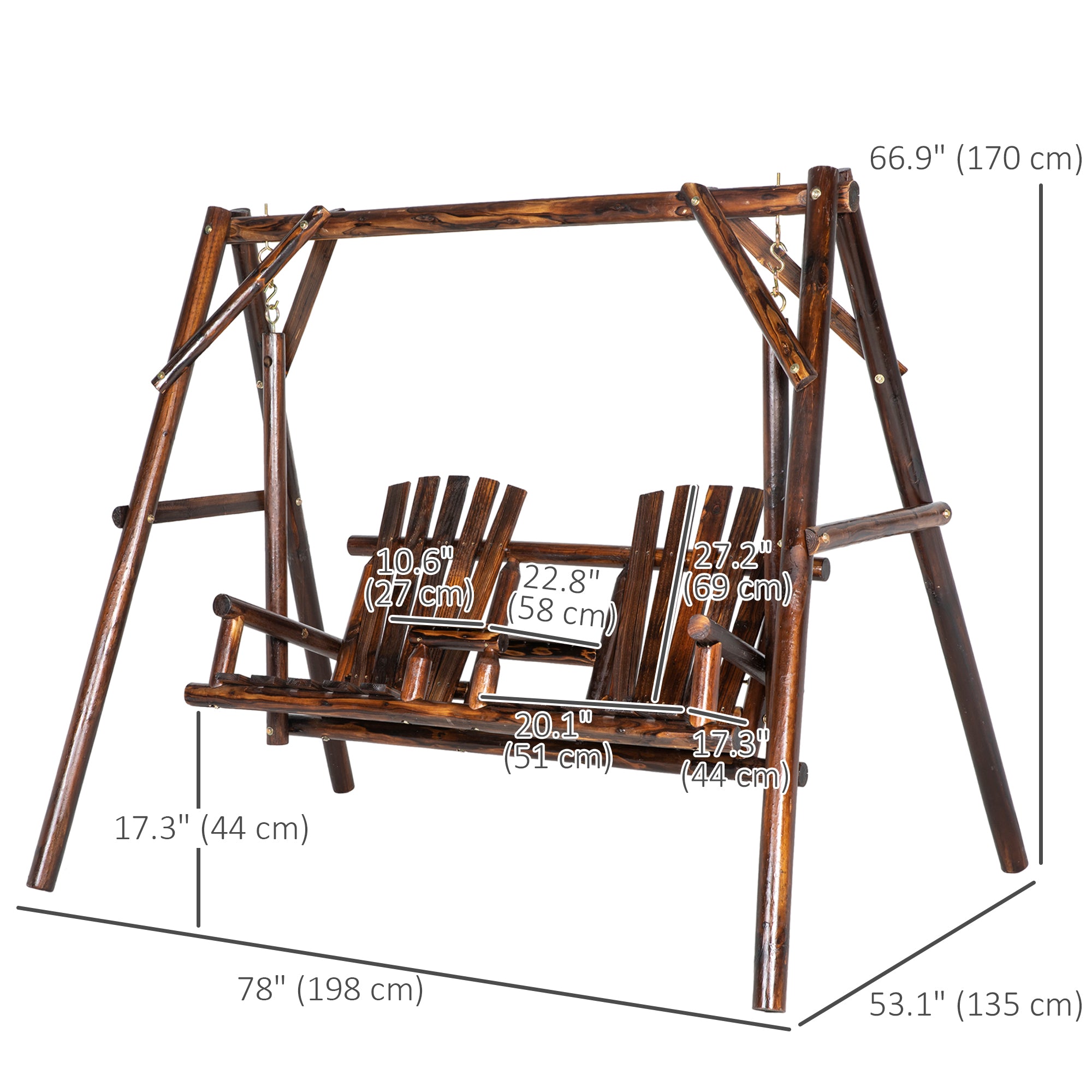 Outsunny Wooden 2-Seat  A-Frame Porch Swing Rustic Patio Bench Outdoor Furniture  w/ Table