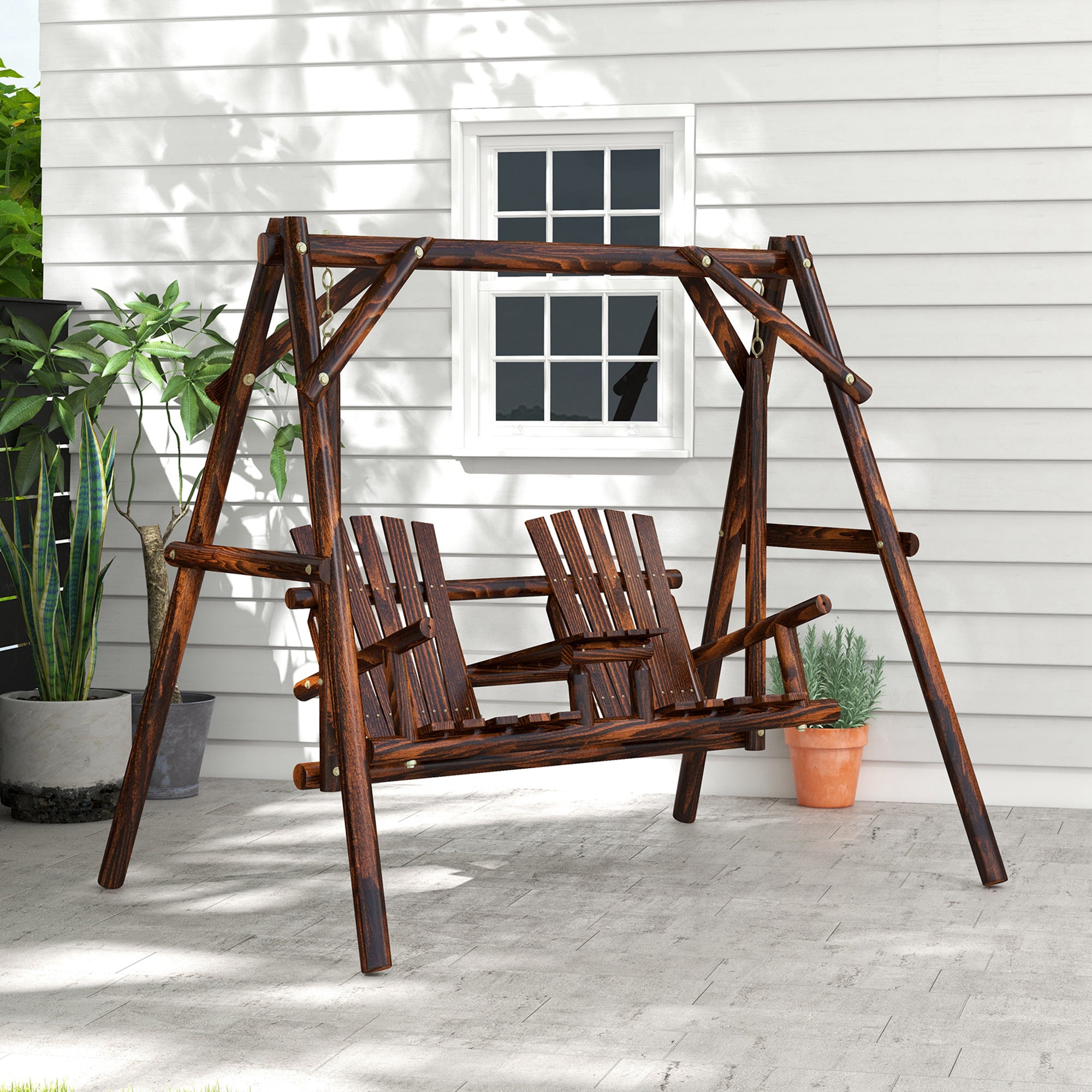 Outsunny Wooden 2-Seat  A-Frame Porch Swing Rustic Patio Bench Outdoor Furniture  w/ Table