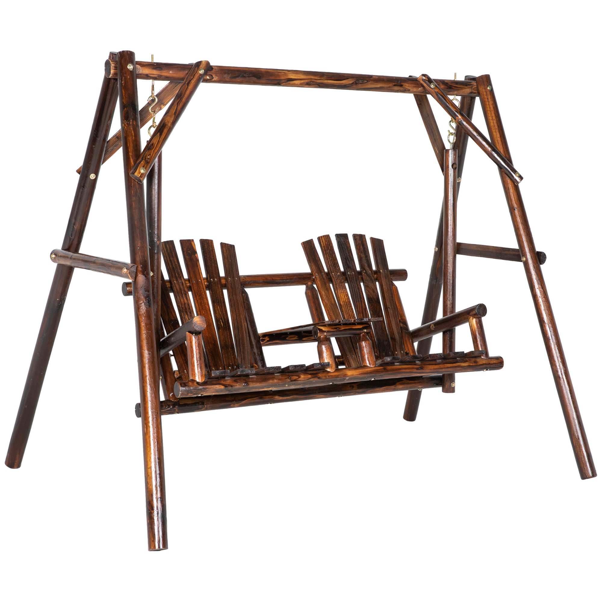 Outsunny Wooden 2-Seat  A-Frame Porch Swing Rustic Patio Bench Outdoor Furniture  w/ Table
