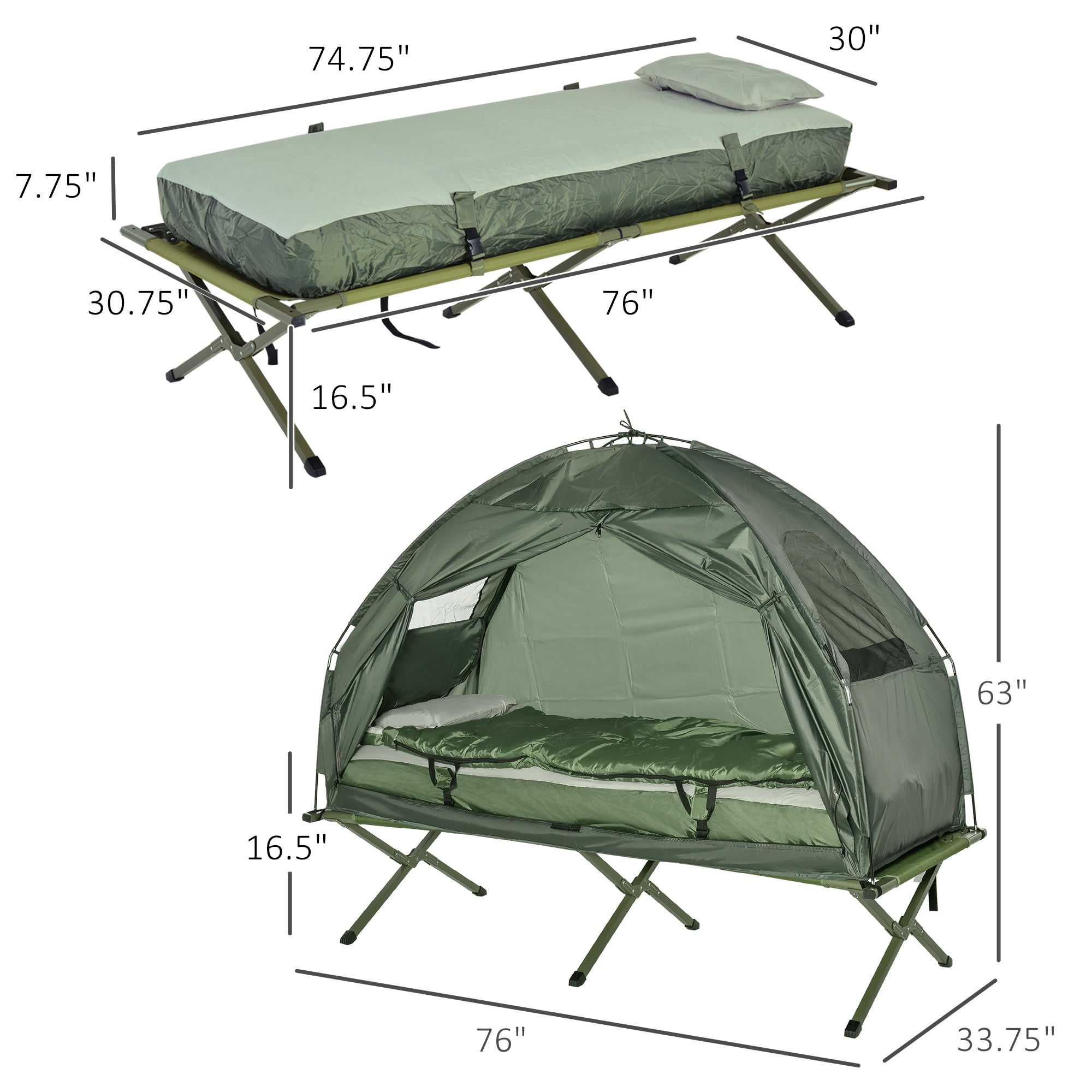 Outsunny Hiking Tent Camping Bed Cot Combo Portable w/ Sleep Bag Mattress
