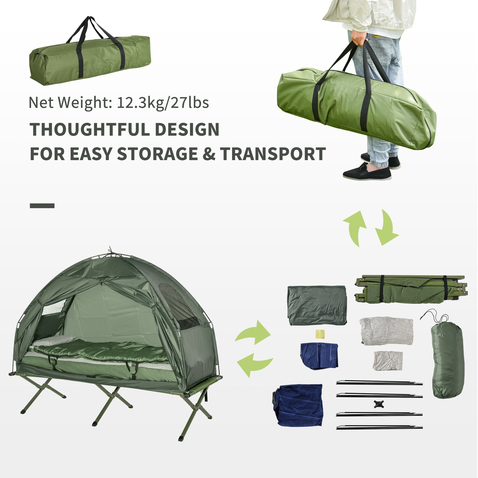 Outsunny Hiking Tent Camping Bed Cot Combo Portable w/ Sleep Bag Mattress