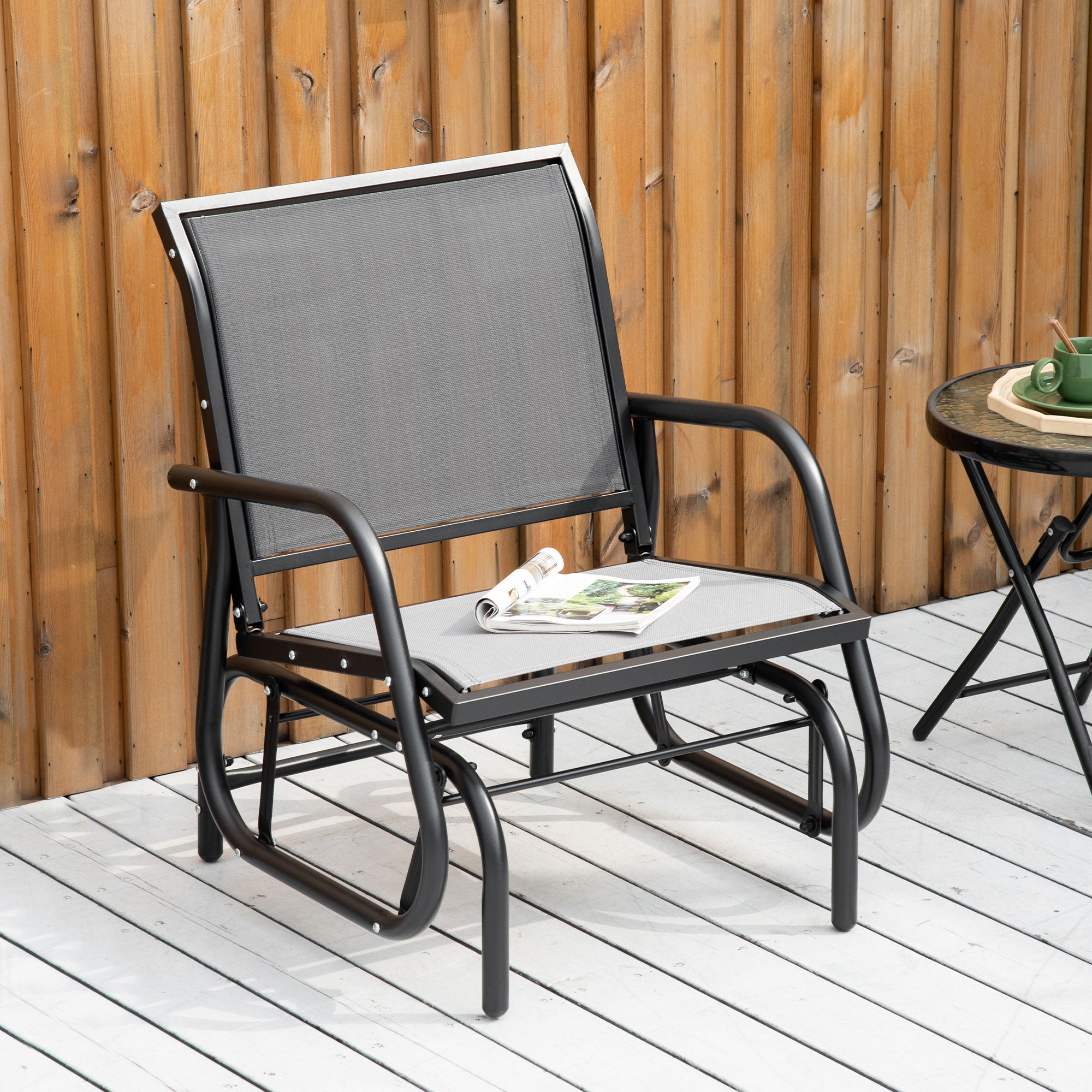 Outsunny Patio Glider with Breathable Mesh Fabric Seat & Backrest, Metal Frame Outdoor Glider Swing Chair with Curved Armrests, for Lawn, Garden, Porch, Backyard, Poolside, Light Grey