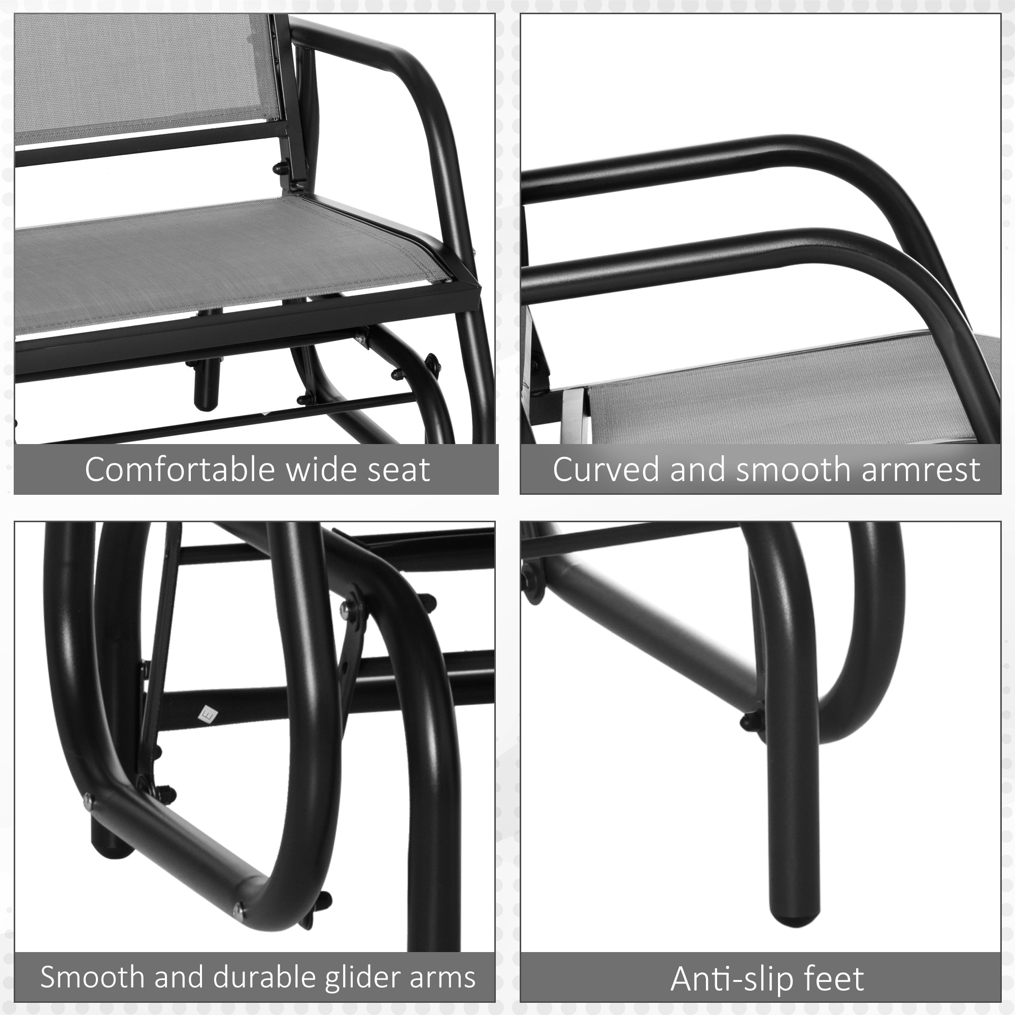 Outsunny Patio Glider with Breathable Mesh Fabric Seat & Backrest, Metal Frame Outdoor Glider Swing Chair with Curved Armrests, for Lawn, Garden, Porch, Backyard, Poolside, Light Grey