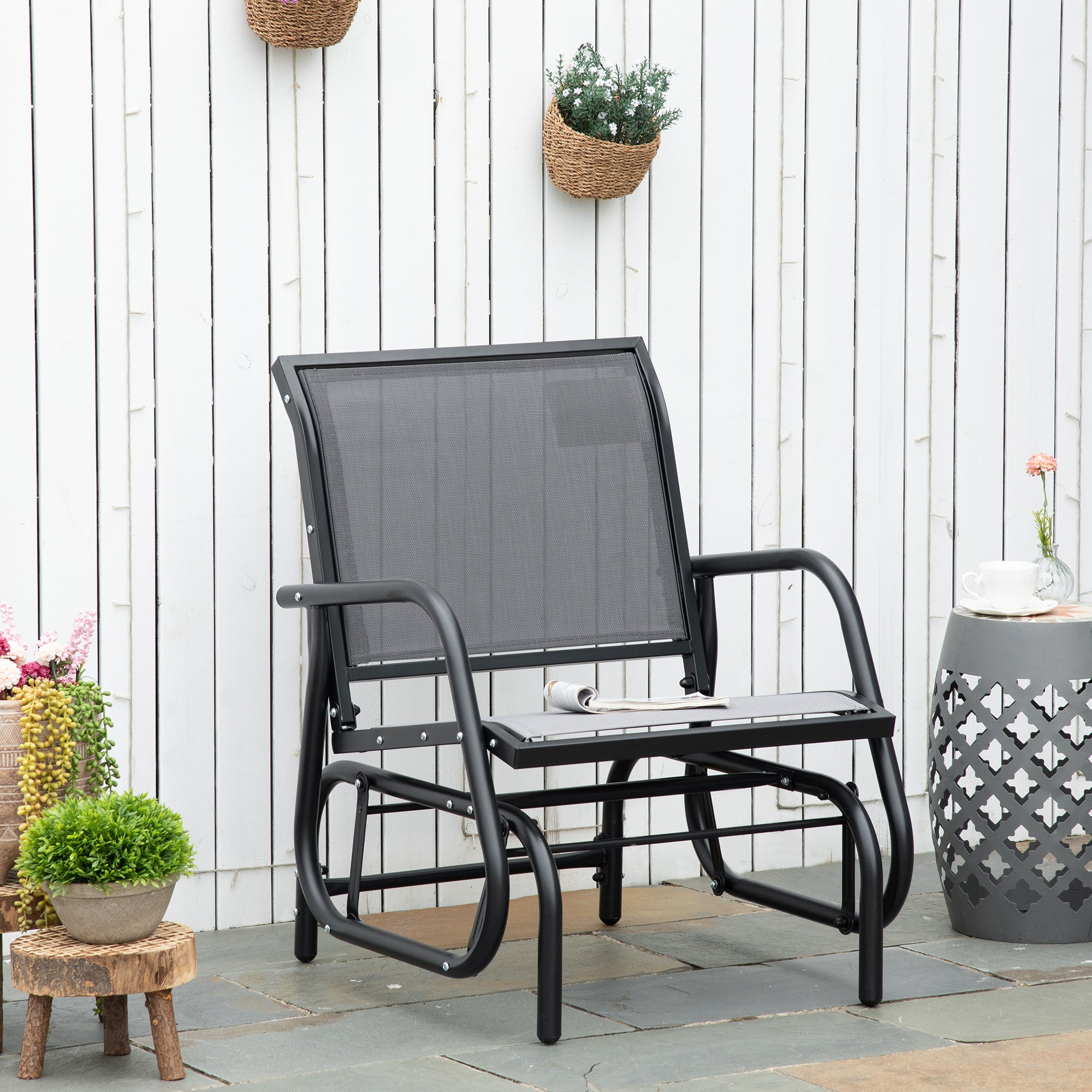 Outsunny Patio Glider with Breathable Mesh Fabric Seat & Backrest, Metal Frame Outdoor Glider Swing Chair with Curved Armrests, for Lawn, Garden, Porch, Backyard, Poolside, Light Grey