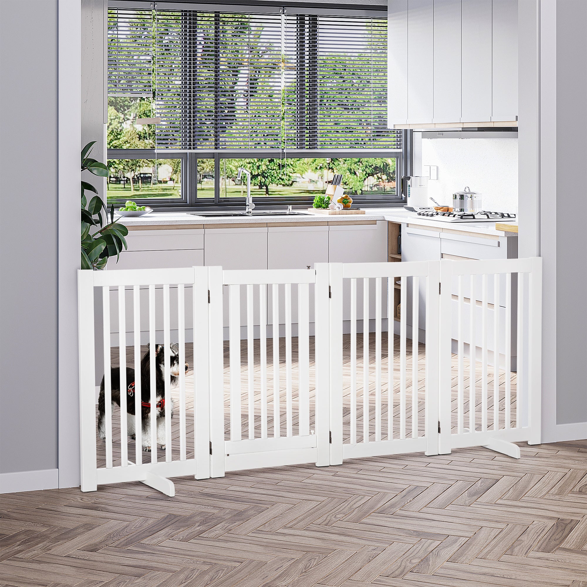 PawHut Free Standing Wooden Pet Gate Indoor Dog Barrier Foldable Step Over Doorway Fence Safety Gate with Open Door Z Shape 4 Panel