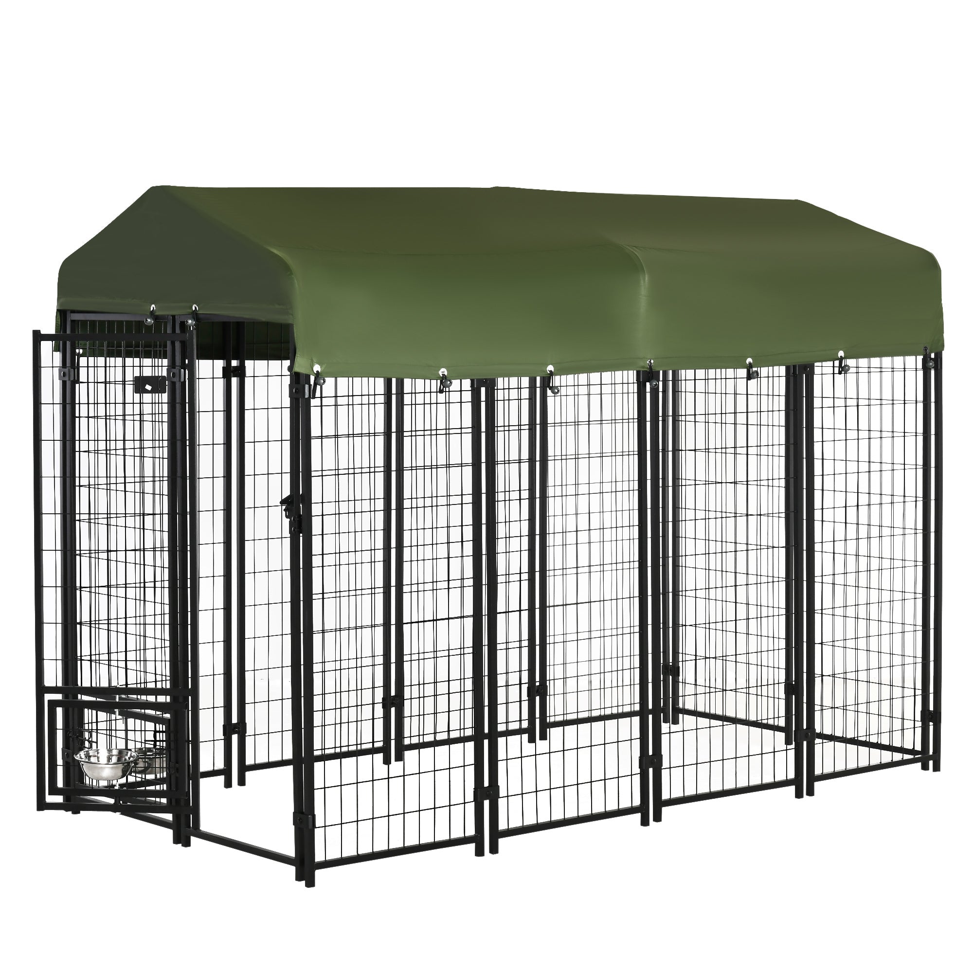 PawHut Outdoor Dog Kennel, Lockable Pet Playpen Crate, Welded Wire Steel Fence, with Water-, UV-Resistant Canopy, Rotating Bowl Holders, Door, 8ft x 4ft x 6ft, Green