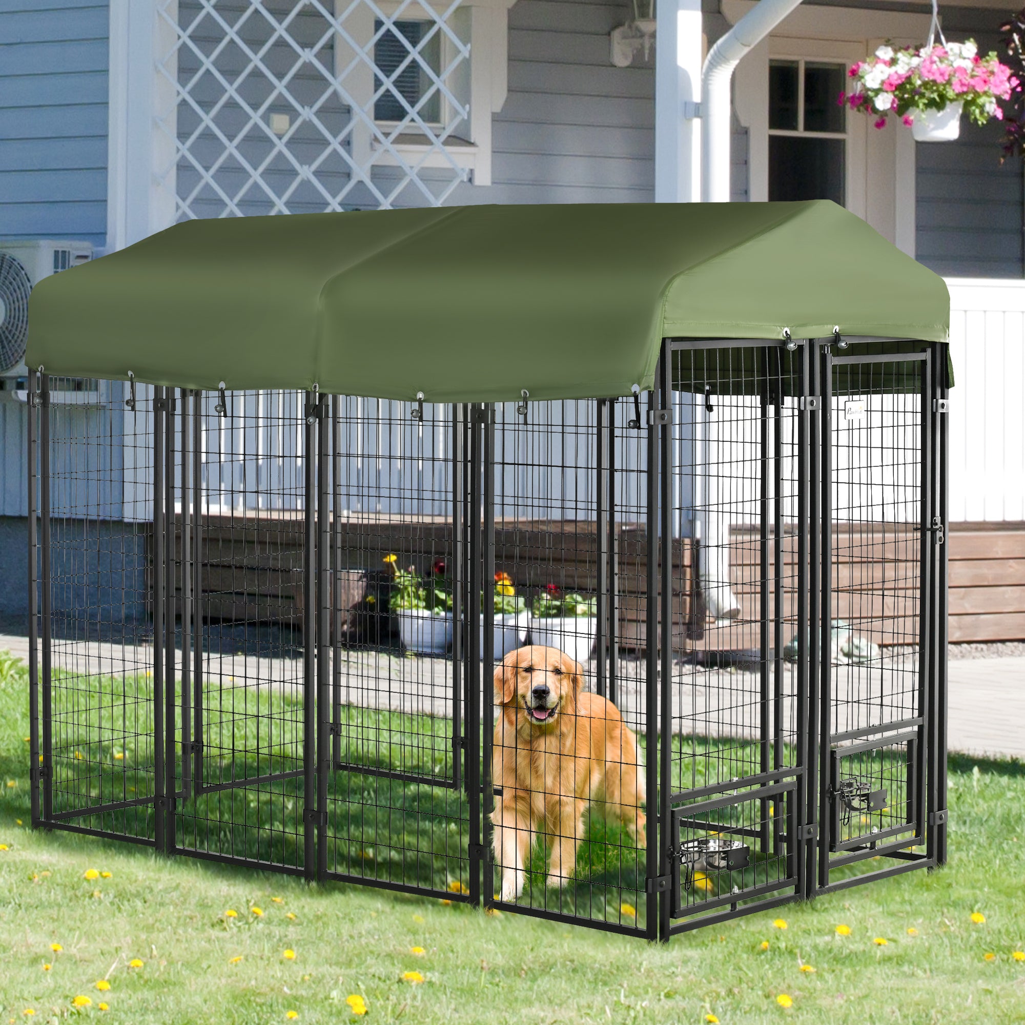 PawHut Outdoor Dog Kennel, Lockable Pet Playpen Crate, Welded Wire Steel Fence, with Water-, UV-Resistant Canopy, Rotating Bowl Holders, Door, 8ft x 4ft x 6ft, Green