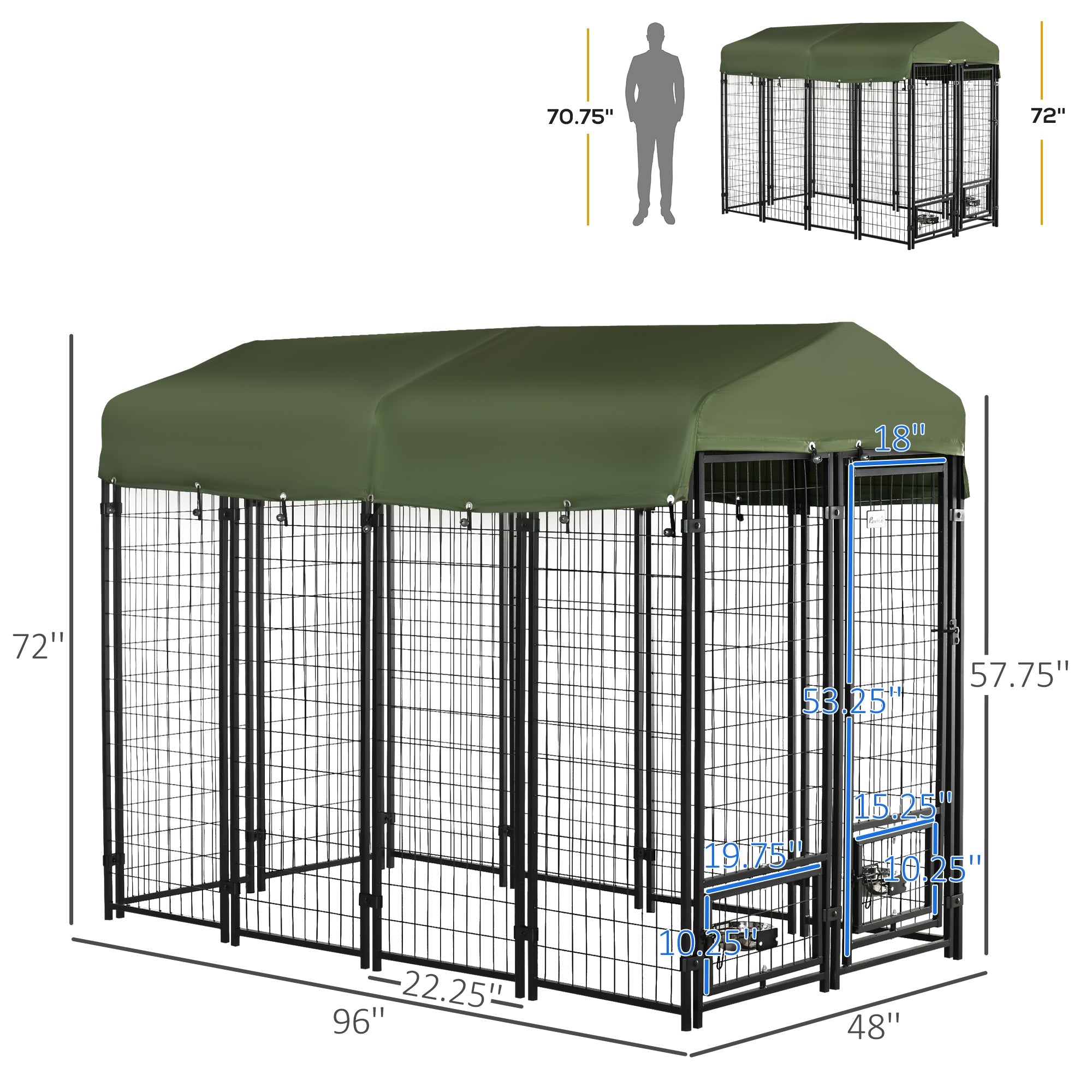 PawHut Outdoor Dog Kennel, Lockable Pet Playpen Crate, Welded Wire Steel Fence, with Water-, UV-Resistant Canopy, Rotating Bowl Holders, Door, 8ft x 4ft x 6ft, Green