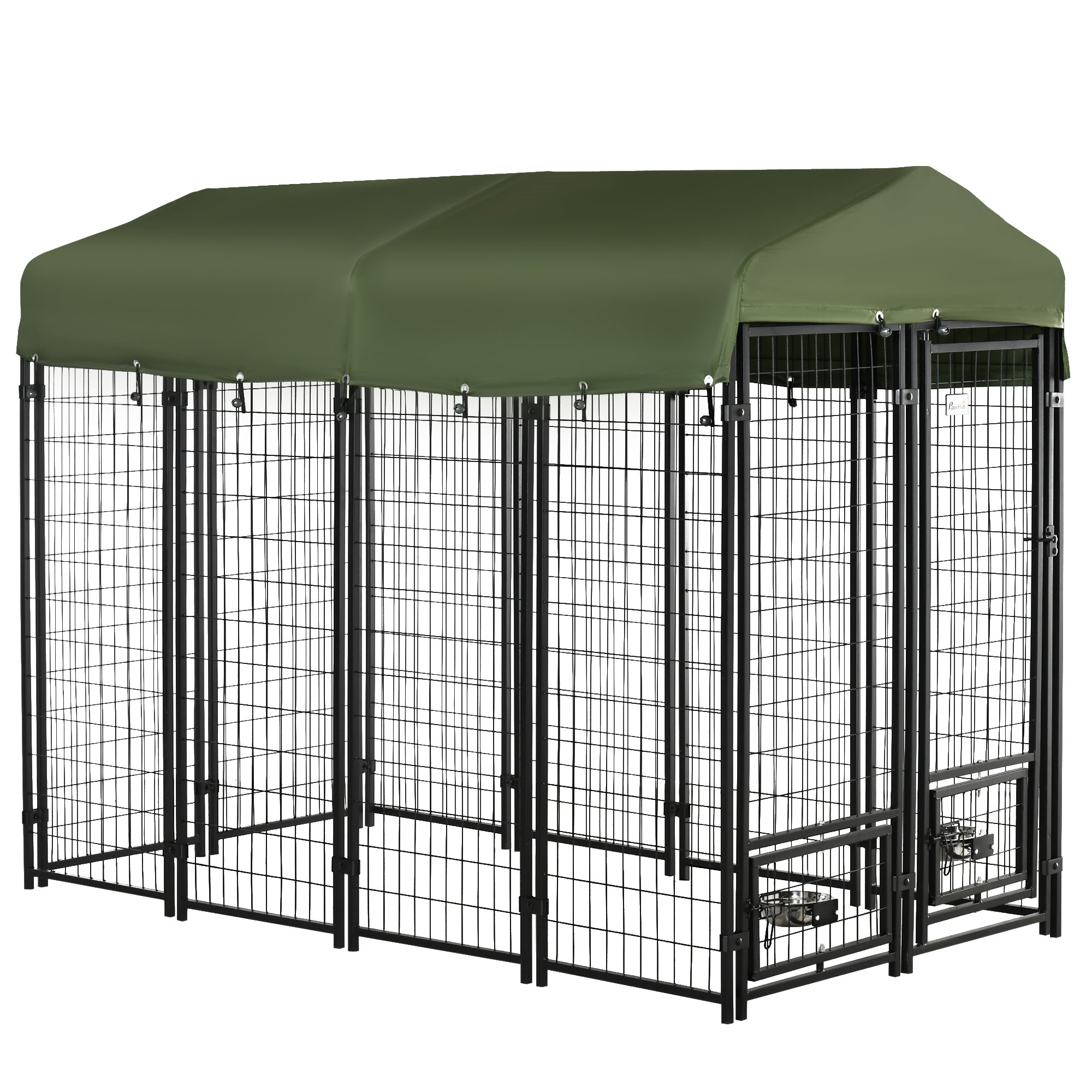 PawHut Outdoor Dog Kennel, Lockable Pet Playpen Crate, Welded Wire Steel Fence, with Water-, UV-Resistant Canopy, Rotating Bowl Holders, Door, 8ft x 4ft x 6ft, Green