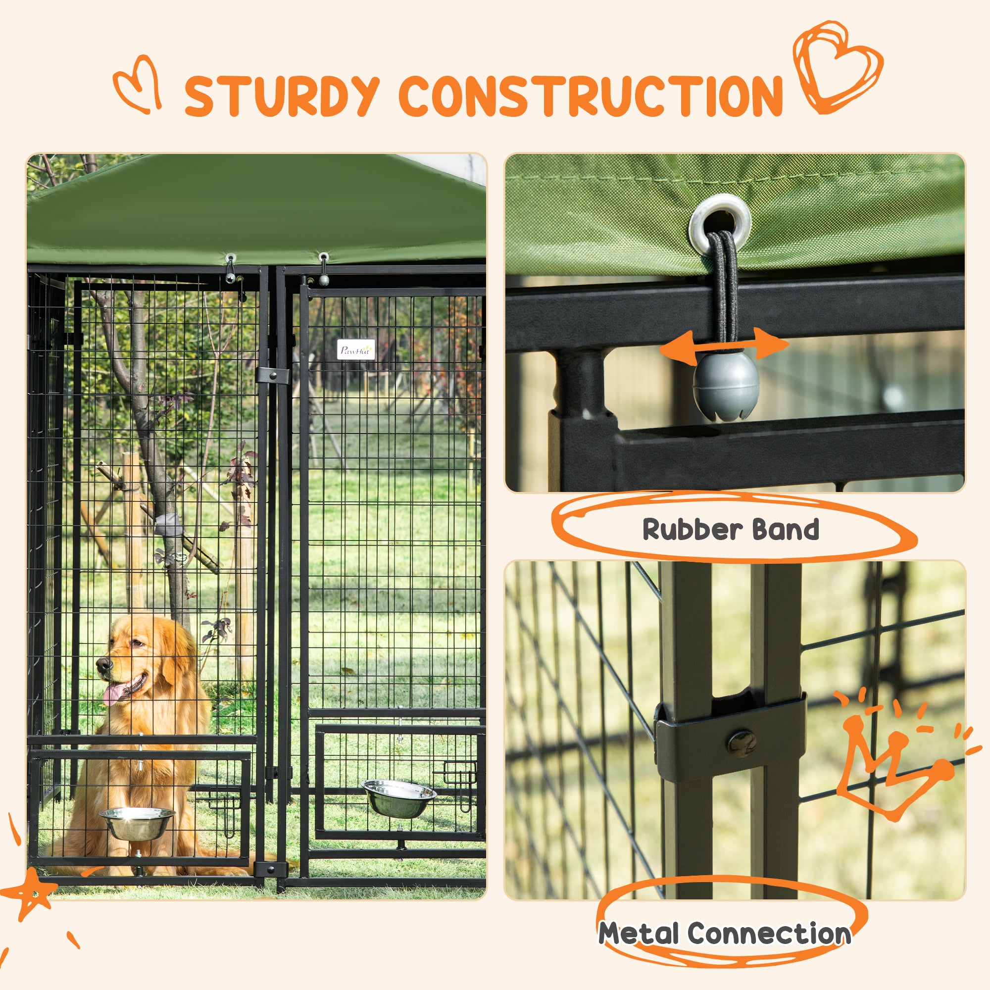 PawHut Outdoor Dog Kennel, Lockable Pet Playpen Crate, Welded Wire Steel Fence, with Water-, UV-Resistant Canopy, Rotating Bowl Holders, Door, 8ft x 4ft x 6ft, Green