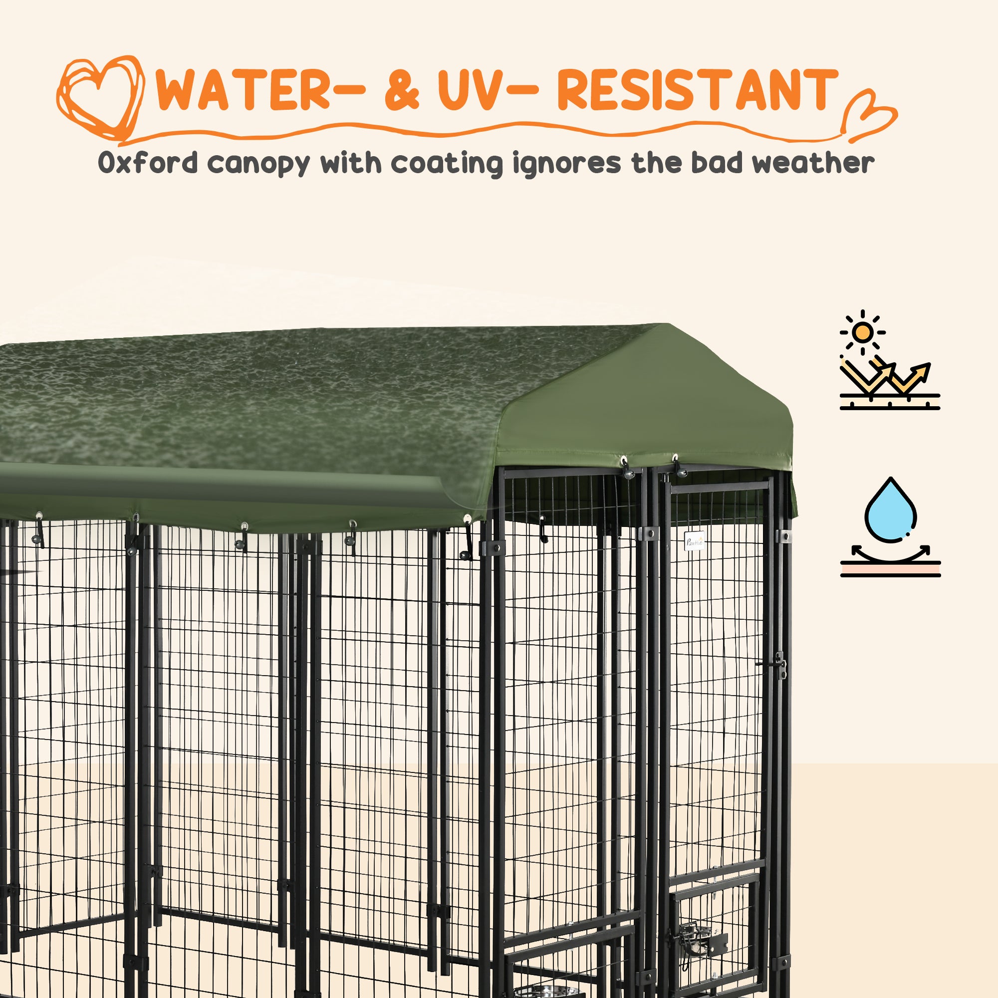 PawHut Outdoor Dog Kennel, Lockable Pet Playpen Crate, Welded Wire Steel Fence, with Water-, UV-Resistant Canopy, Rotating Bowl Holders, Door, 8ft x 4ft x 6ft, Green