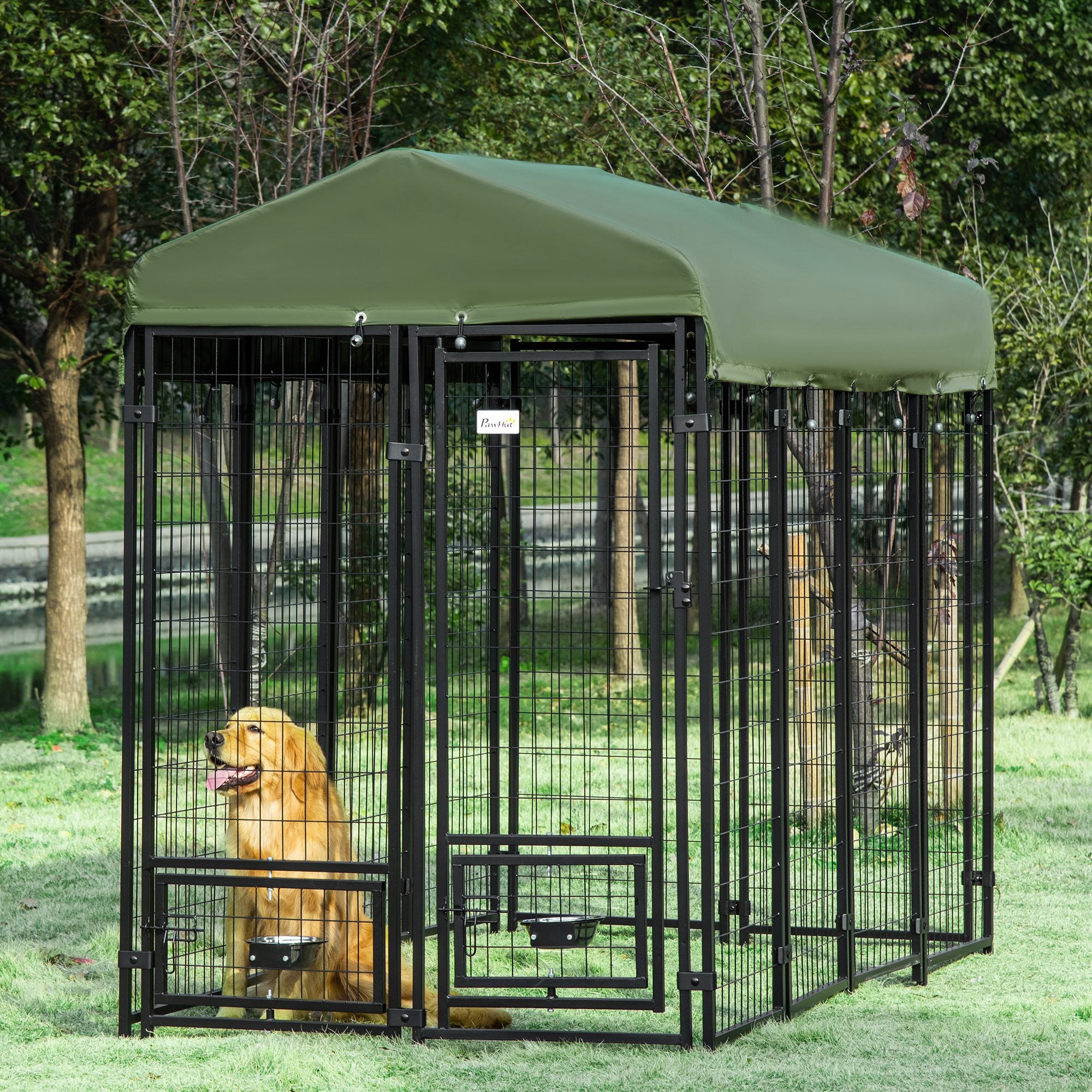 PawHut Outdoor Dog Kennel, Lockable Pet Playpen Crate, Welded Wire Steel Fence, with Water-, UV-Resistant Canopy, Rotating Bowl Holders, Door, 8ft x 4ft x 6ft, Green