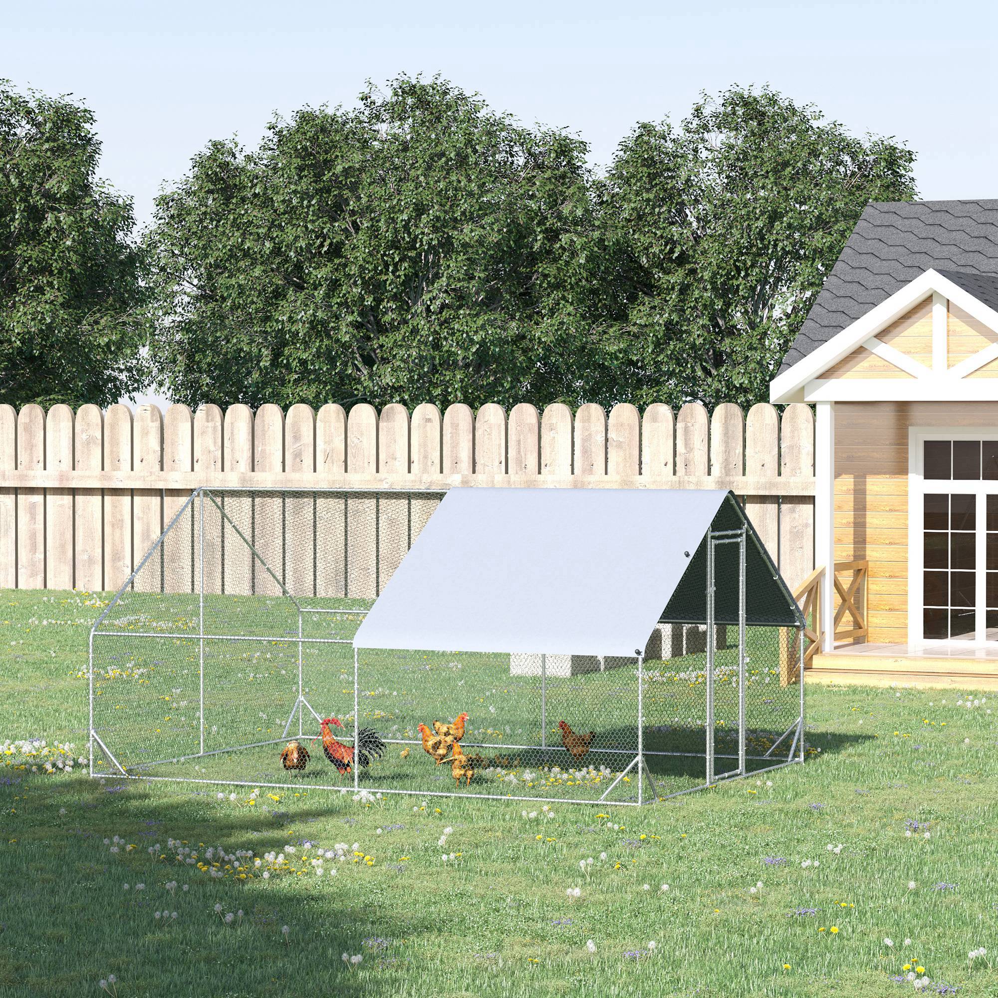 PawHut Chicken Run Galvanised Walk-in Chicken Coop Hen Poultry House Cage Rabbit Hutch Pet Playpen Garden w/ Water-Resist Cover, 3 x 4 x 2m
