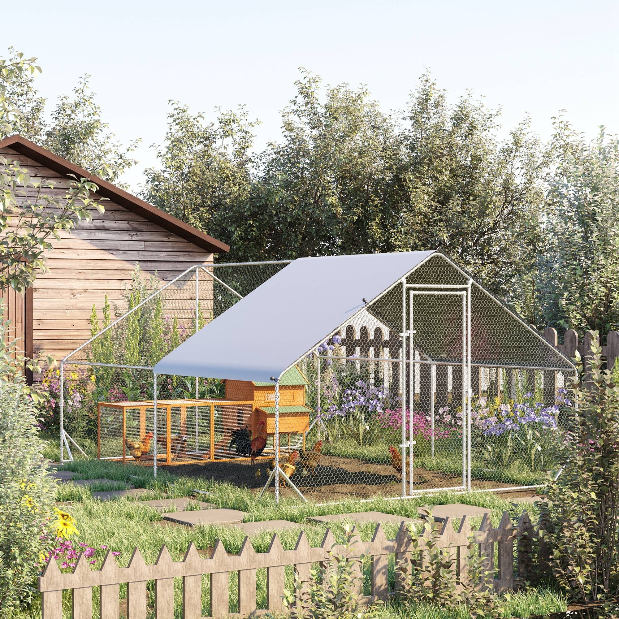 PawHut Metal Chicken Coop, Walk-in Large Chicken Run, Poultry Cage for Backyard Hen, Duck, Rabbit with Water- and UV-Protection Cover, for 8-12 Chickens, 9.8' x 13.1' x 6.6'