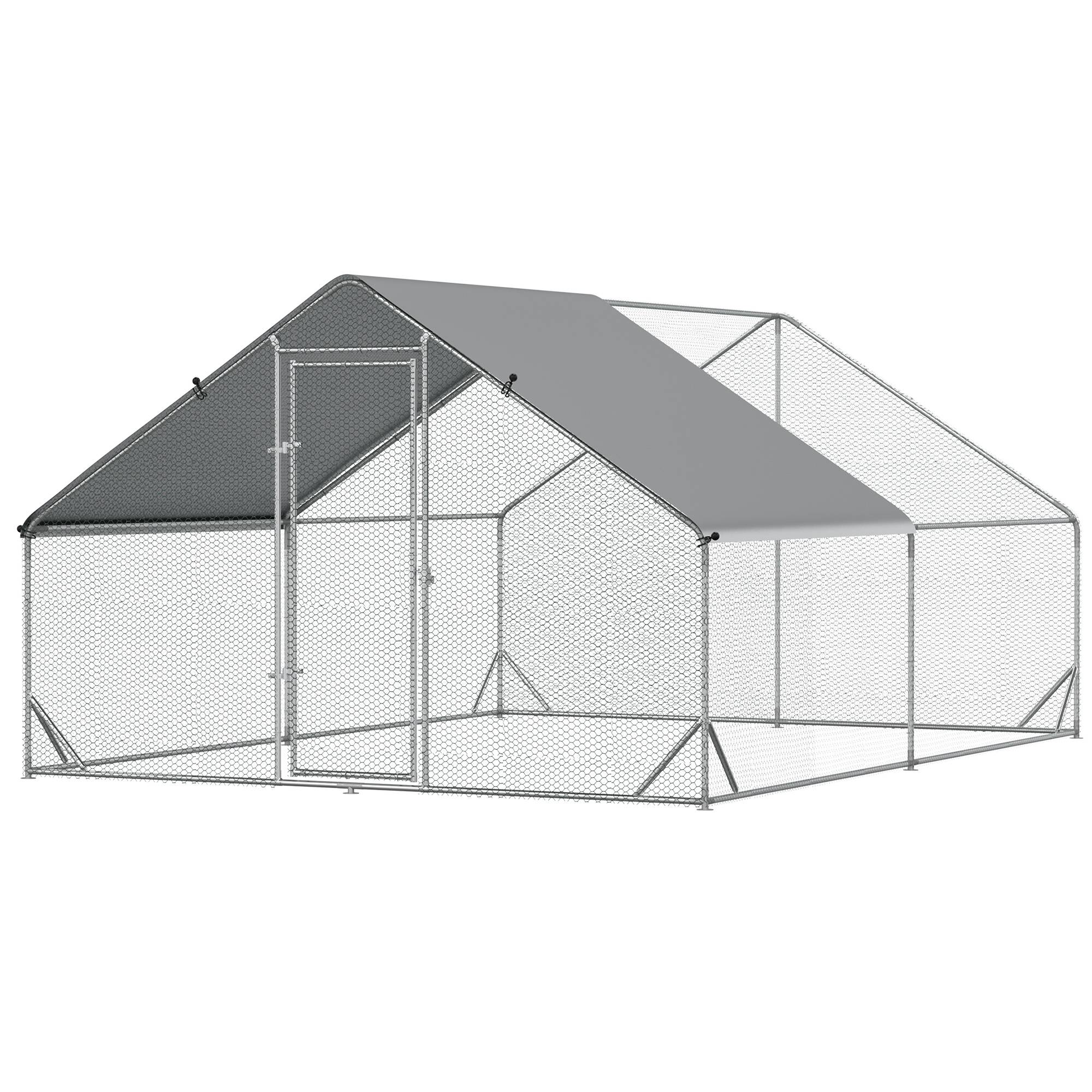 PawHut Chicken Run Galvanised Walk-in Chicken Coop Hen Poultry House Cage Rabbit Hutch Pet Playpen Garden w/ Water-Resist Cover, 3 x 4 x 2m