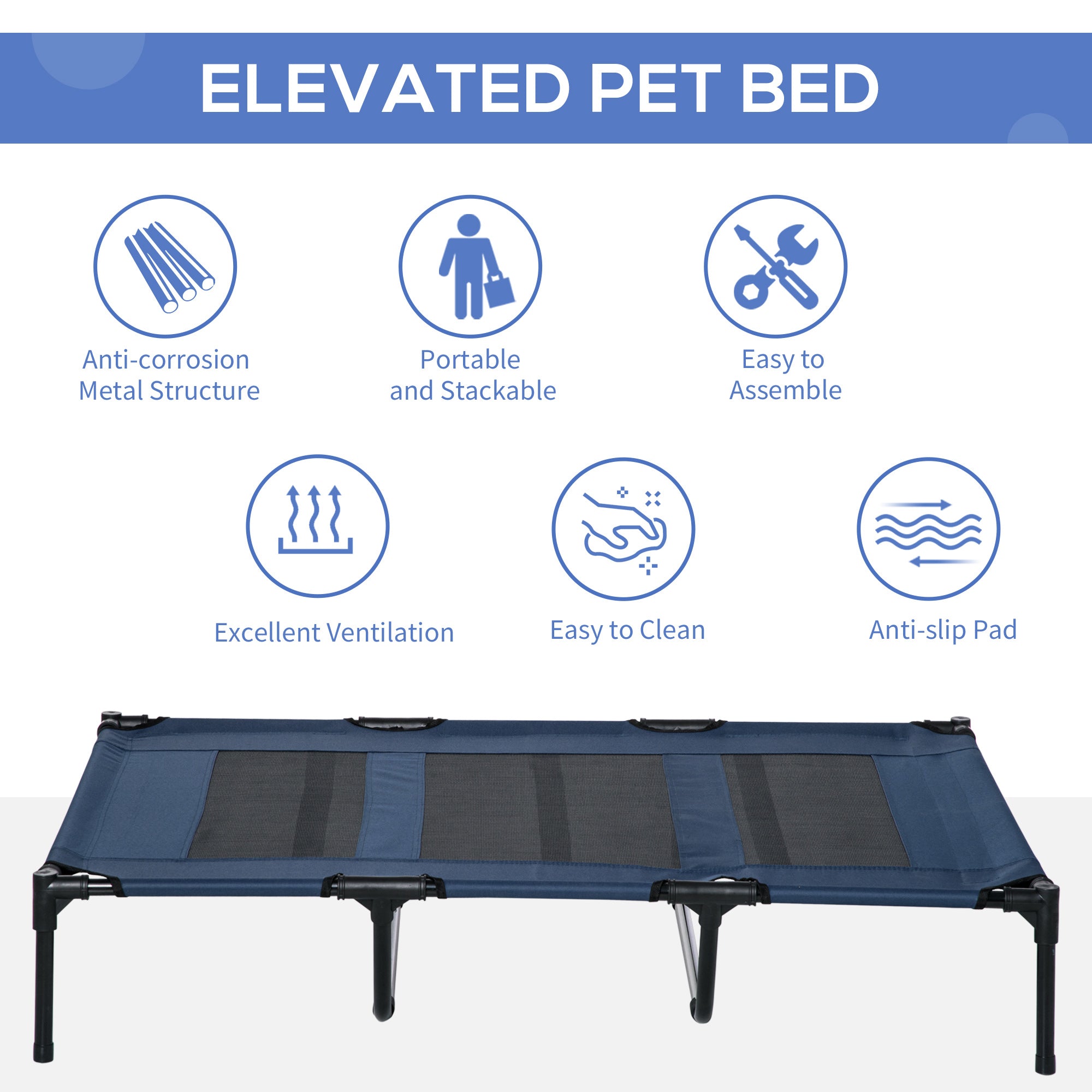 PawHut Elevated Dog Bed, Raised Dog Cot for XL Sized Dogs, Indoor & Outdoor, 48" x 36" x 9", Dark Blue