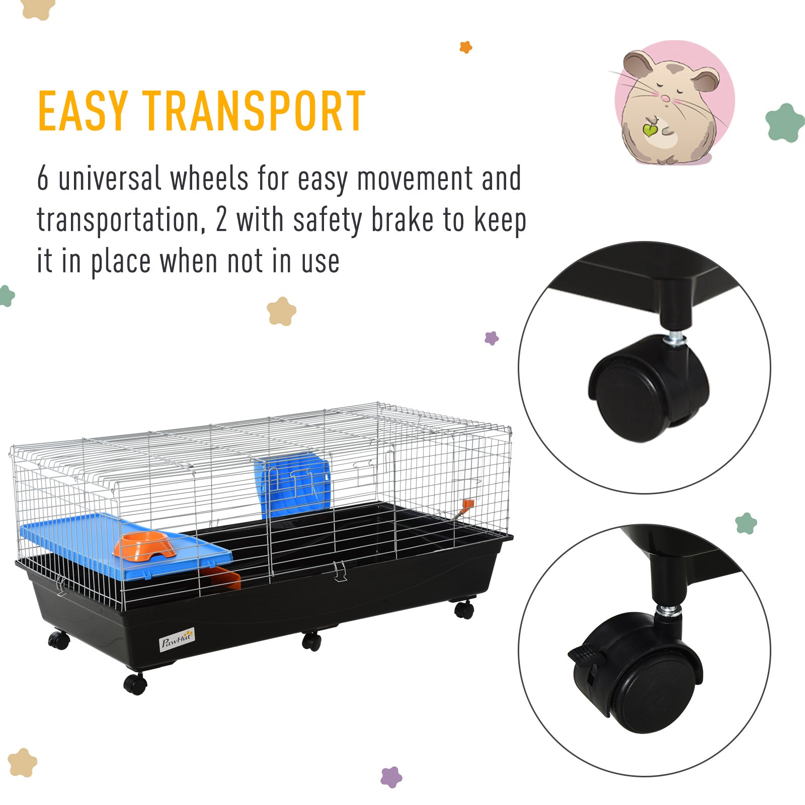 PawHut 47" Small Animal Cage, Rolling Bunny Cage, Guinea Pig Cage with Food Dish, Water Bottle, Hay Feeder, Platform, Ramp for Ferret Chinchilla, Black