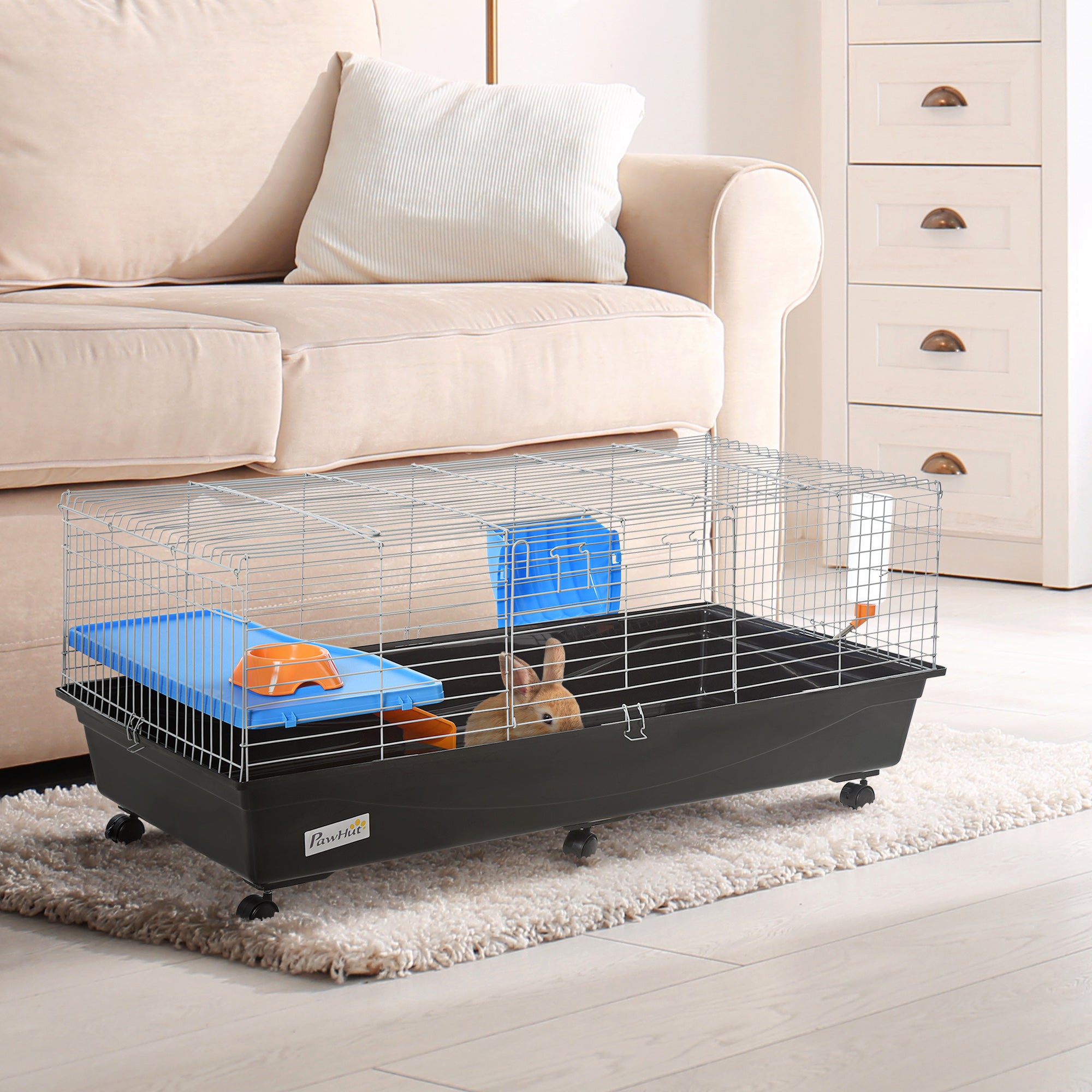 PawHut 47" Small Animal Cage, Rolling Bunny Cage, Guinea Pig Cage with Food Dish, Water Bottle, Hay Feeder, Platform, Ramp for Ferret Chinchilla, Black