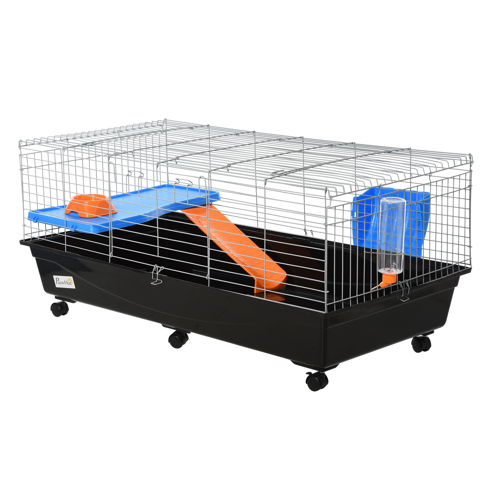 PawHut 47" Small Animal Cage, Rolling Bunny Cage, Guinea Pig Cage with Food Dish, Water Bottle, Hay Feeder, Platform, Ramp for Ferret Chinchilla, Black