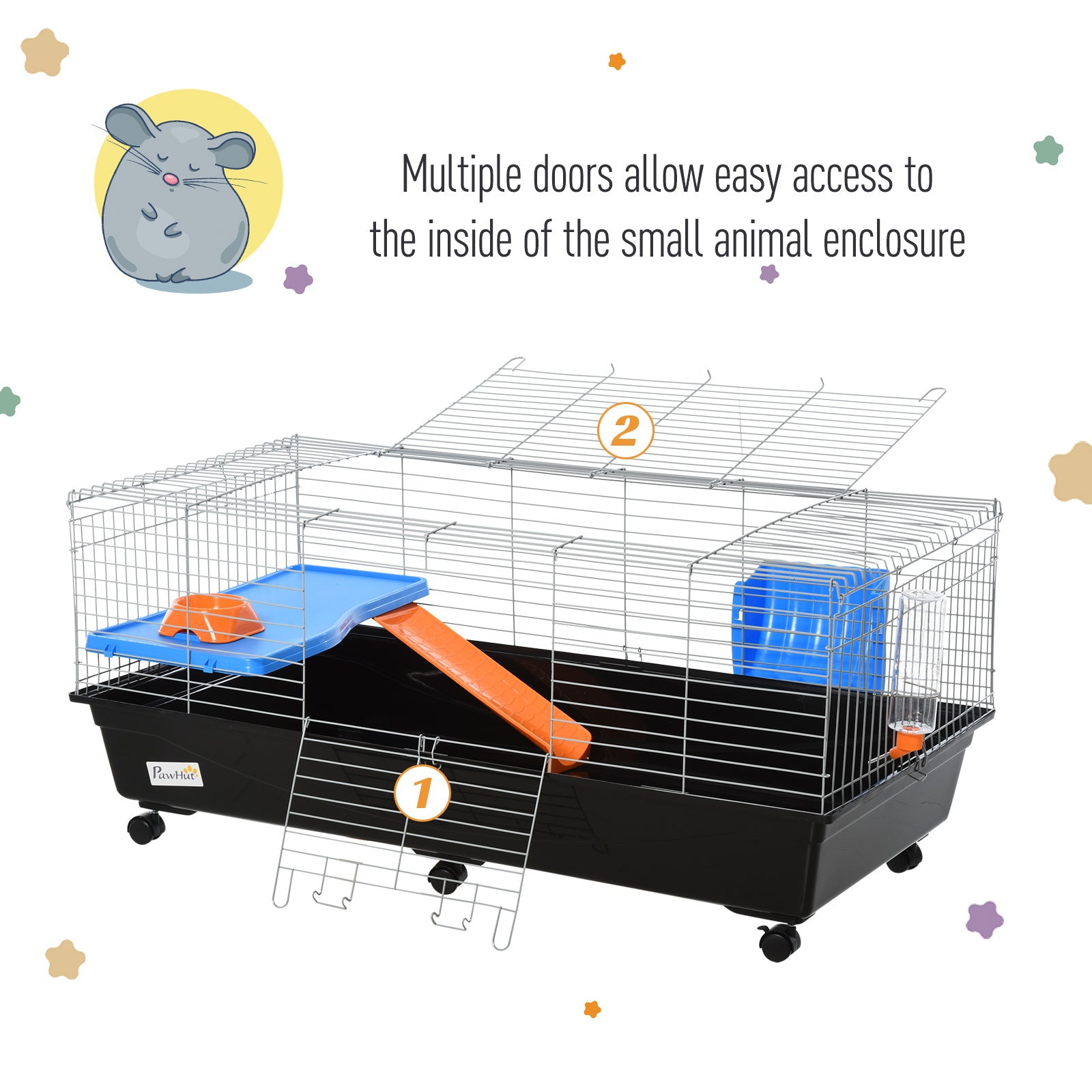 PawHut 47" Small Animal Cage, Rolling Bunny Cage, Guinea Pig Cage with Food Dish, Water Bottle, Hay Feeder, Platform, Ramp for Ferret Chinchilla, Black